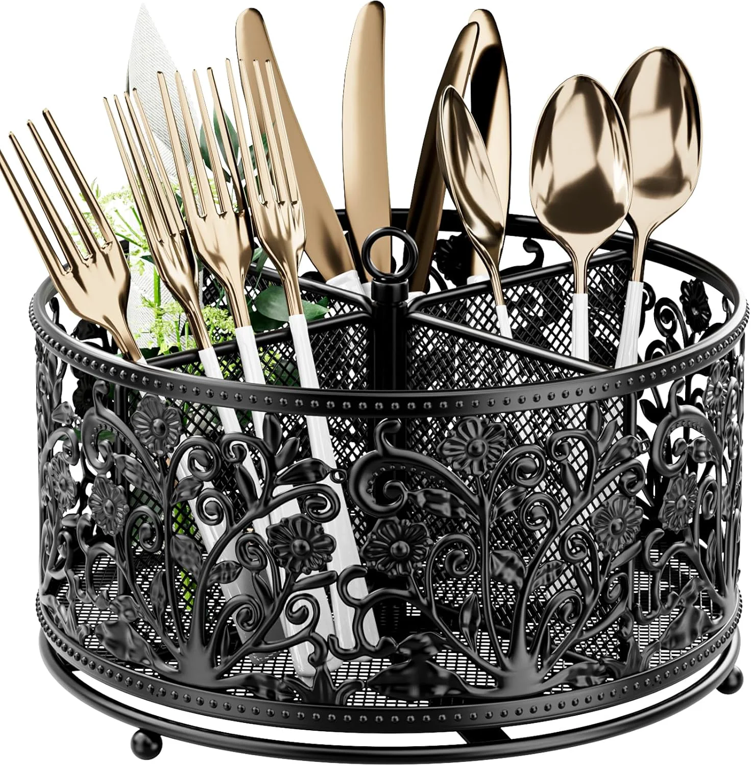 Carefully Designed 360° Rotating Utensil Caddy – Silverware Cutlery Caddy Holder with 4 Compartment Metal Flatware Organizer Countertop with Handle for Party Camping High-Performance