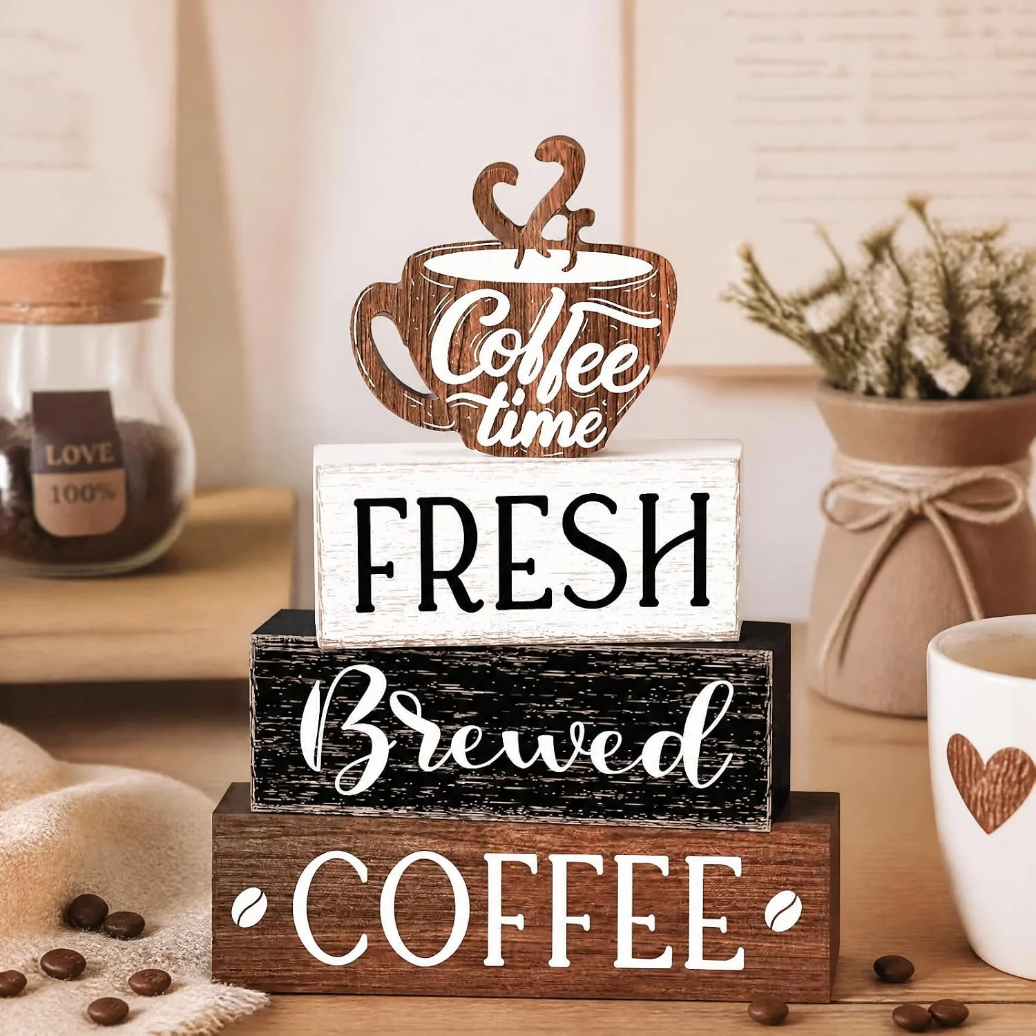 Eco-Friendly Cinnvoice 4 Pcs Coffee Bar Sign Accessories Wood Coffee Station Decorations Coffee Time Fresh Brewed Rustic Bar Sign Gift Farmhouse Tiered Tray Table Centerpiece for Counter Kitchen Shelf Tabletop Versatile