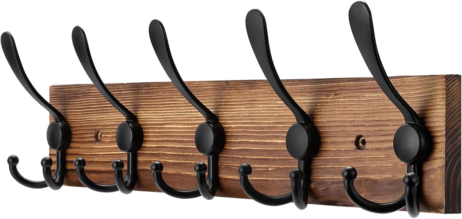 Relaxed Coat Rack Wall Mount Wooden Hat Rack for Wall Hooks Pine Wood Plank 16.9 Brown Coat Hanger with 5 Triple Hooks for Hanging Coat Hat Jacket Consistent