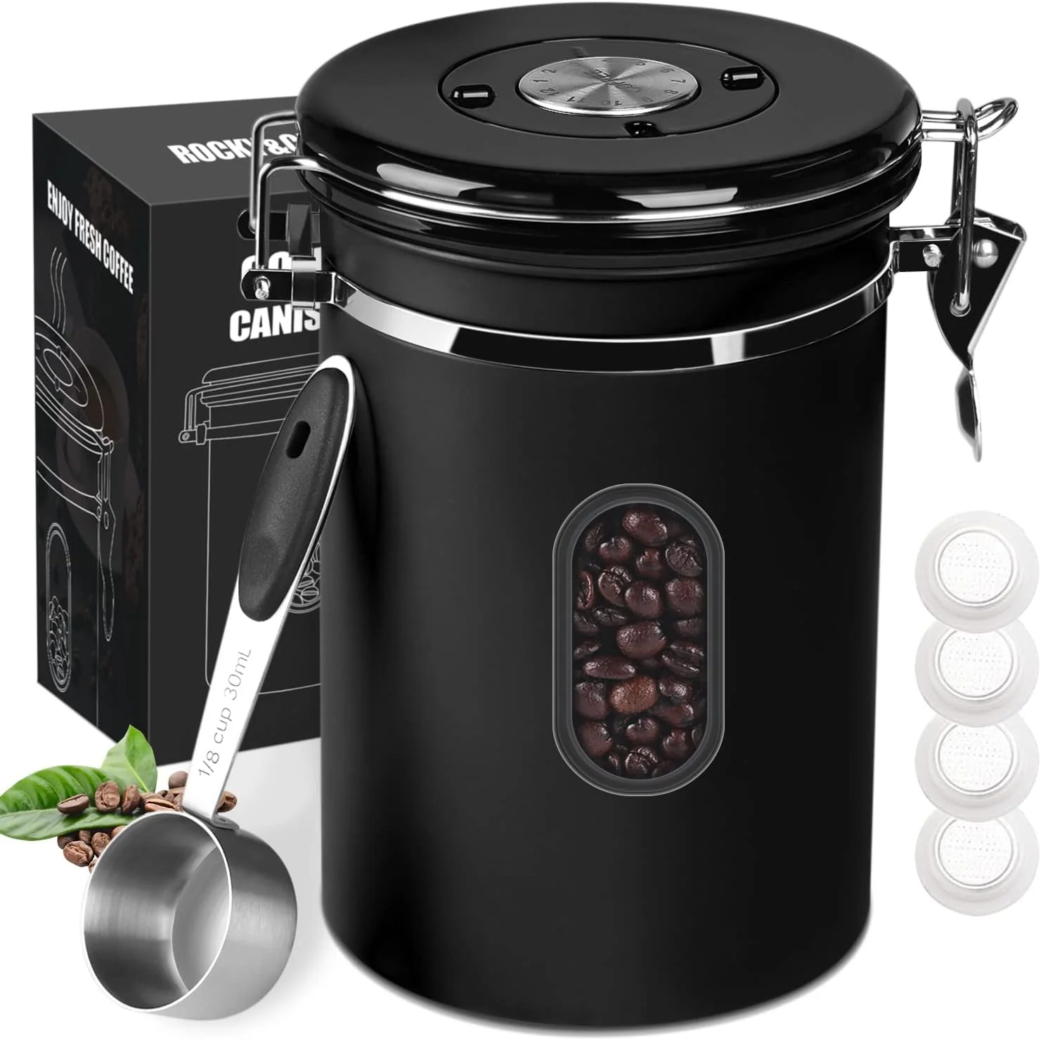 Superior 1500ML Airtight Coffee Canister with Date Tracker Transparent Window 18OZ Coffe Beans Storage with 30ML Measure Spoon 4 co2 Valve Versatile