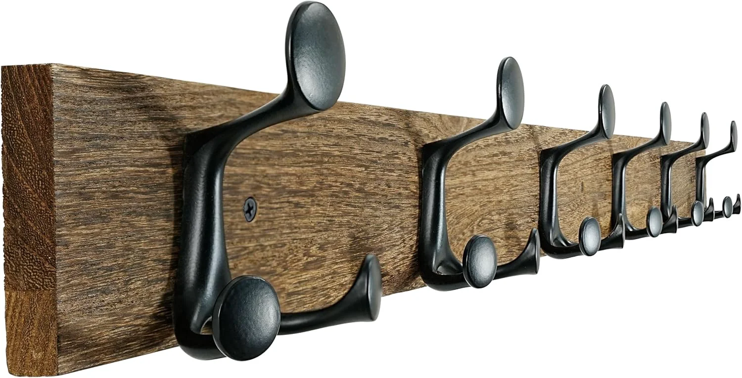 Eco-Friendly Skoloo 39-Inch Wood Burnt Coat Rack Wall Mount with 6 Triple Hooks – I for Family Entrances Classrooms and Pet Supplies Storage High-Grade
