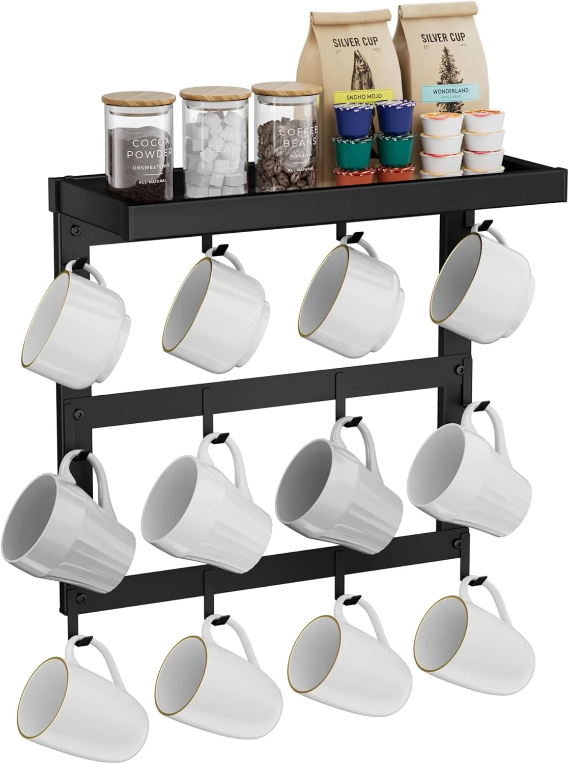 Solid Coffee Mug Rack Wall Mounted Rustic Metal Mug Holder Organizer with 12 Hooks and Top Shelf Cup Storage Rack for Home Kitchen Coffee Bar Station Mug Quality