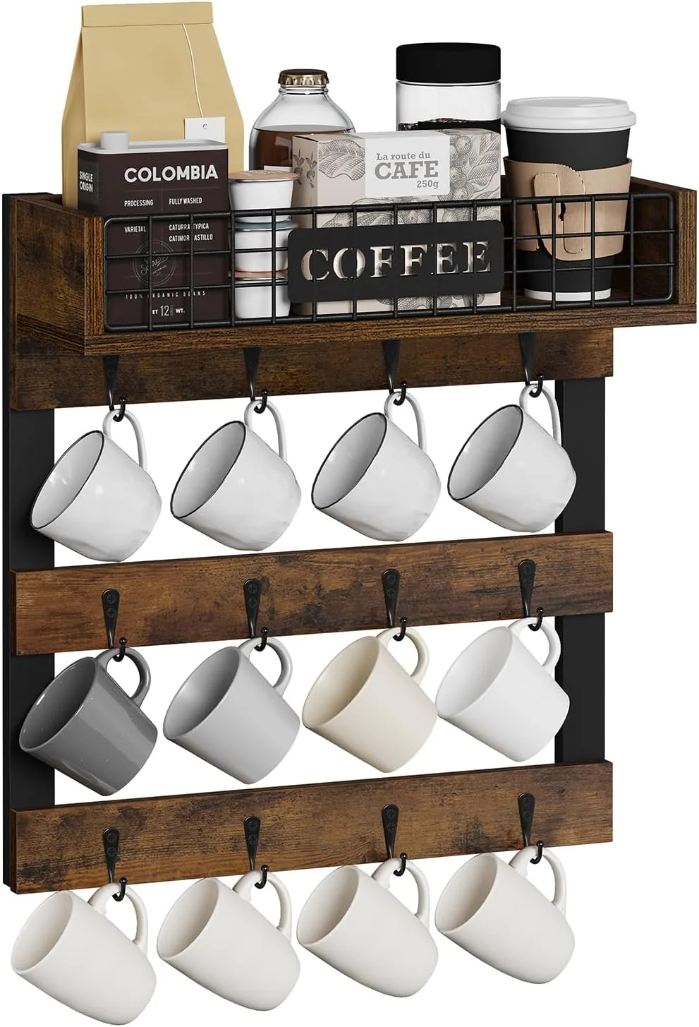 Fast Yinmit Coffee Mug Holder Wall Mounted Wood Mug Racks with 12 Hooks Coffee Cup Holder for Wall with Storage Shelf Cups Rack for Home Kitchen Sophisticated