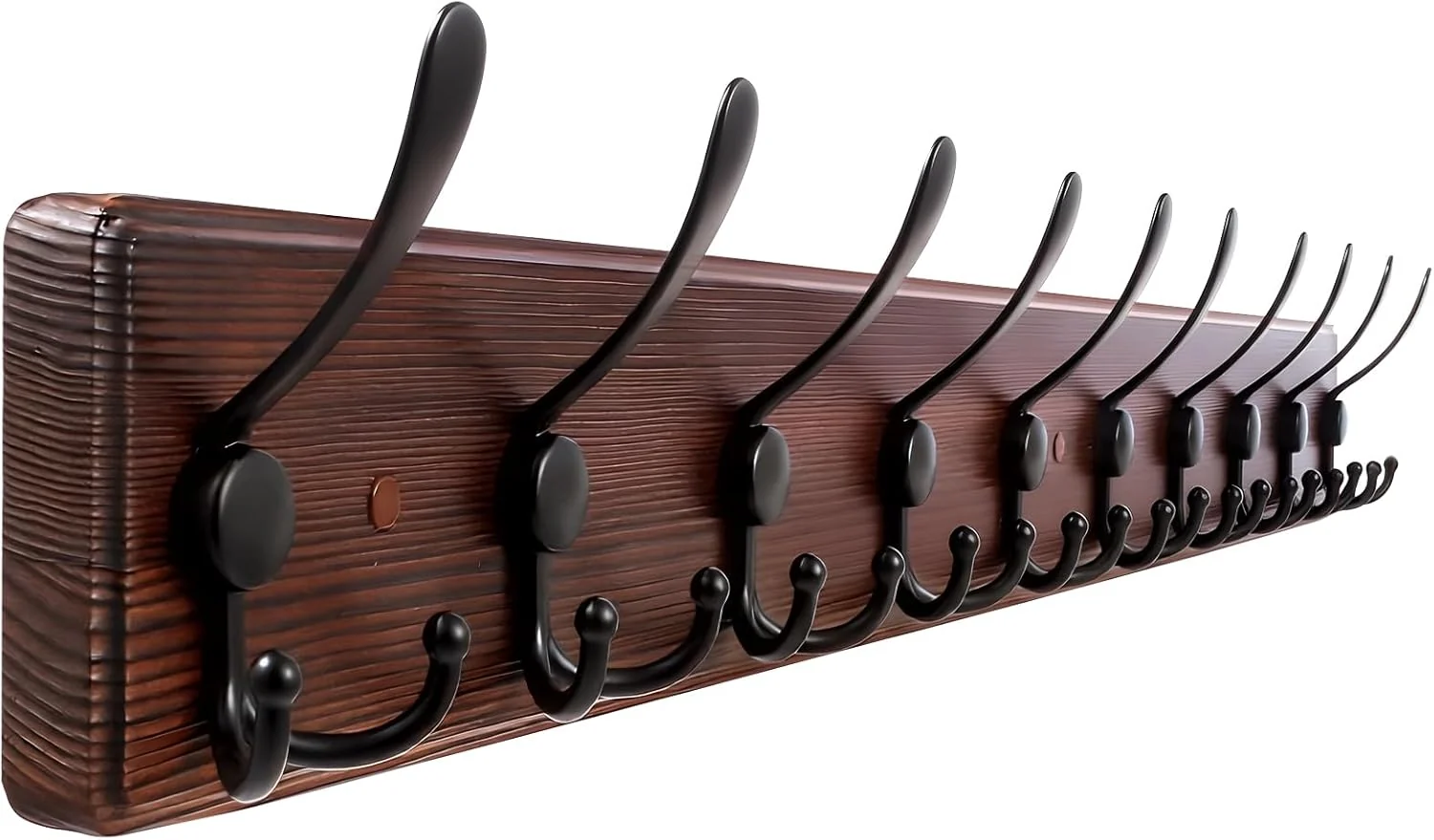 Safe 38.6” Large Coat Rack Wall Mount Coat Hooks Coat Hanger with 10 Metal Black Triple- Hooks Brown Pine Wood Plank Hat Rack for Wall Hooks for Selected