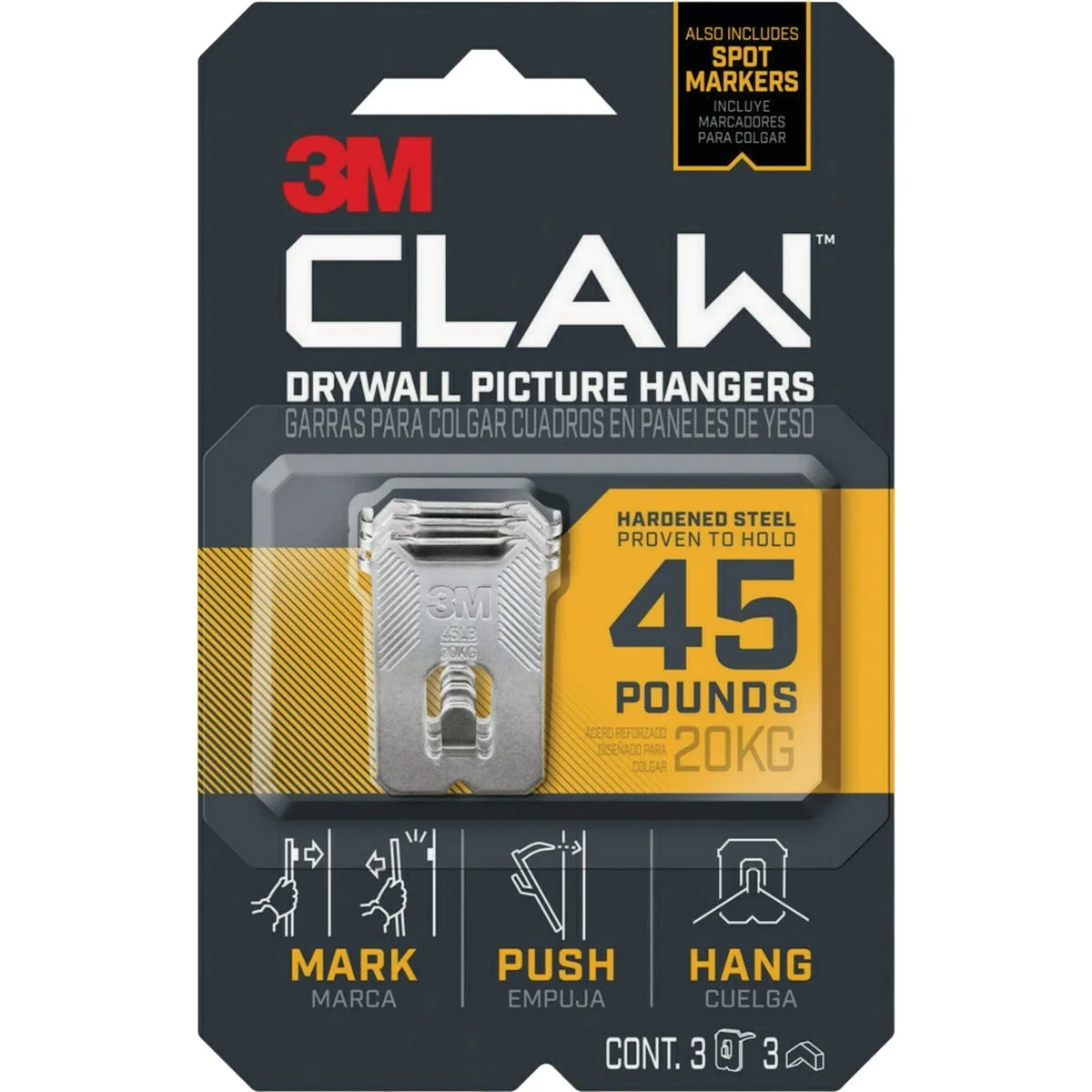 Certified 3M Claw 45 Lb. Drywall Picture Hanger with Temporary Spot Marker 3 Hangers 3 Markers Modern