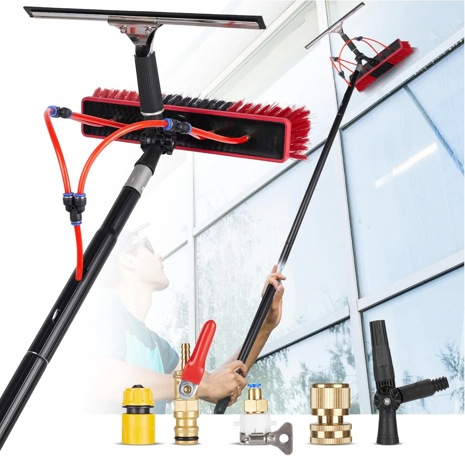 Refined 16.5ft Water Fed Pole Kit Rotatable Solar Panel Cleaning Brush Squeegee 2 Dusting Brush Extendable Black Lightweight Pole for Roof Window Prestigious