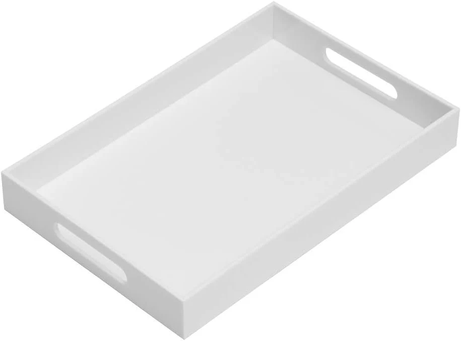 Powerful Glossy White Sturdy Acrylic Serving Tray with Handles-10x15Inch-Serving Coffee Appetizer Breakfast Butler-Kitchen Countertop-Makeup Drawer Durable