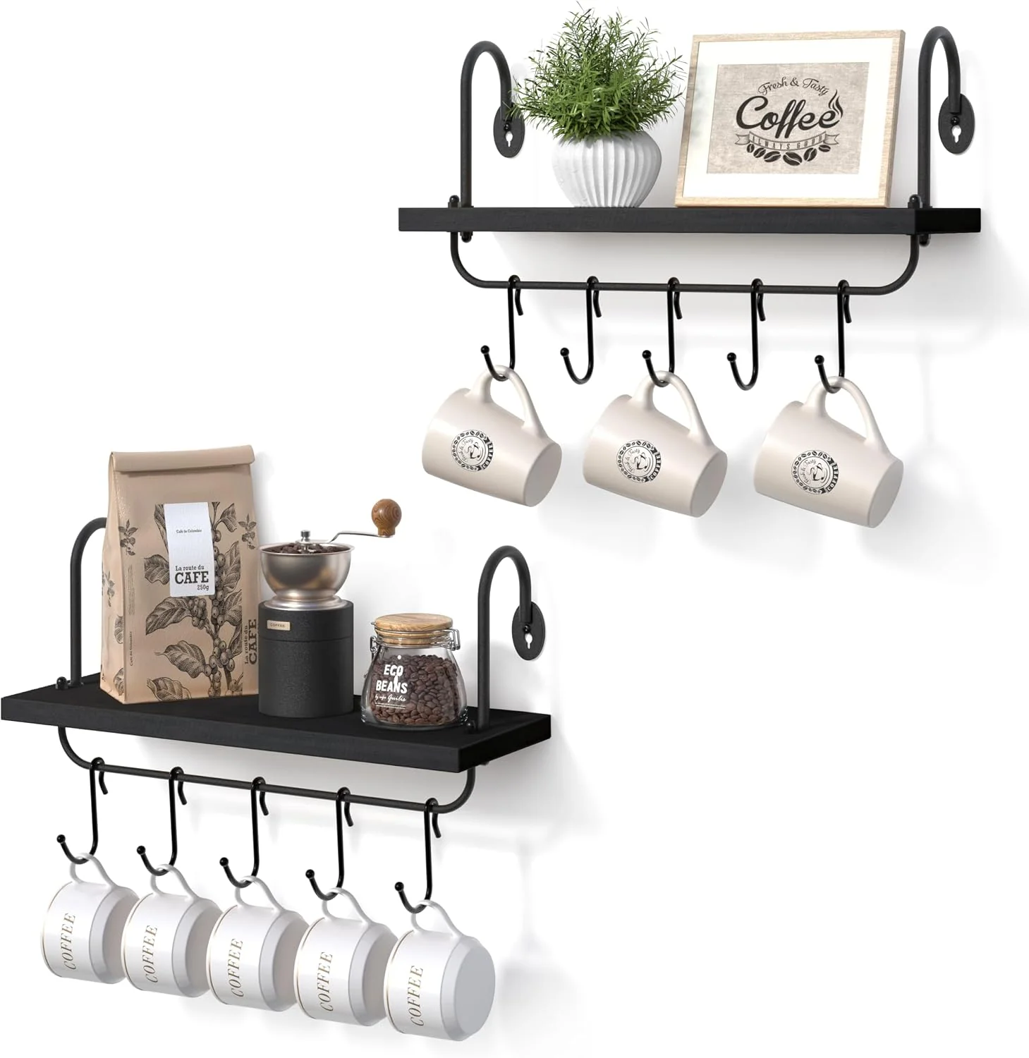 Clean Olakee Floating Wall Shelves for Kitchen Bathroom Coffee Nook with 10 Adjustable Hooks for Mugs Cooking Utensils or Towel Rustic Storage Shelves Set of 2 17×5.9 inch Black First-Class