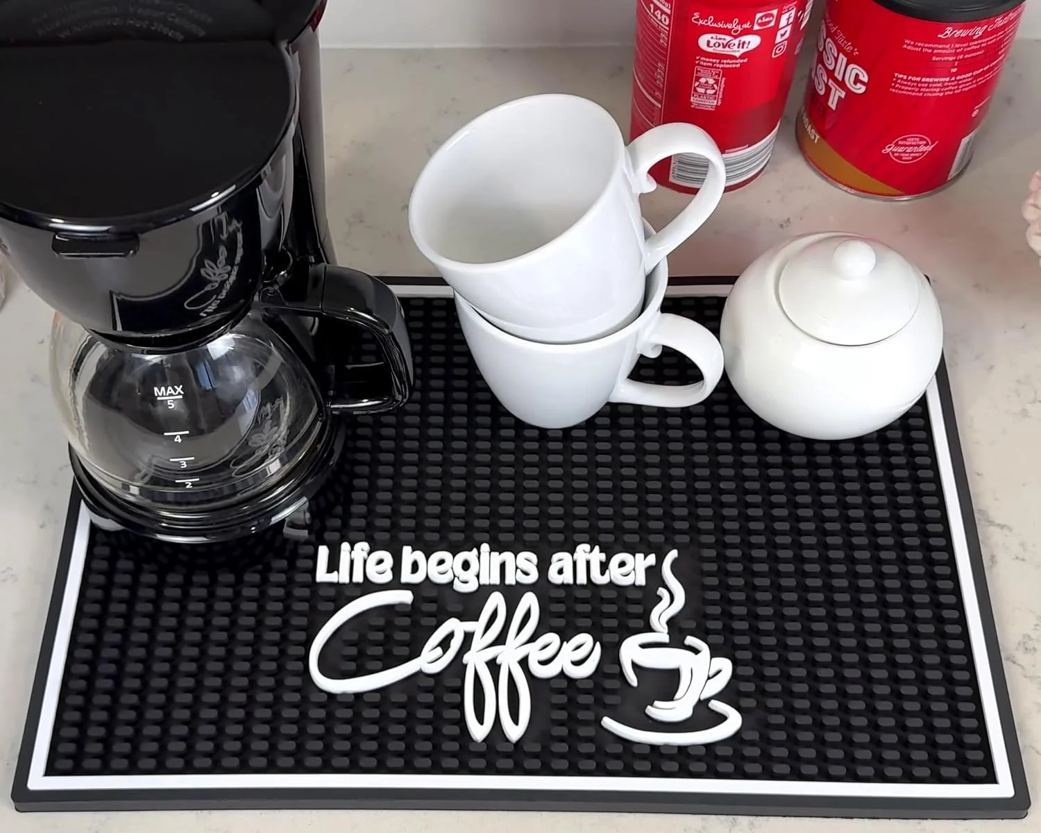 Enhanced Life Begins After Coffee Silicone Bar Mat 18×12 in Funny Mom Gift Coffee Lover Gift for Women and Men Non-Slip Espresso Machine Mat Coffee Bar Station Decor Hostess Gift Verified
