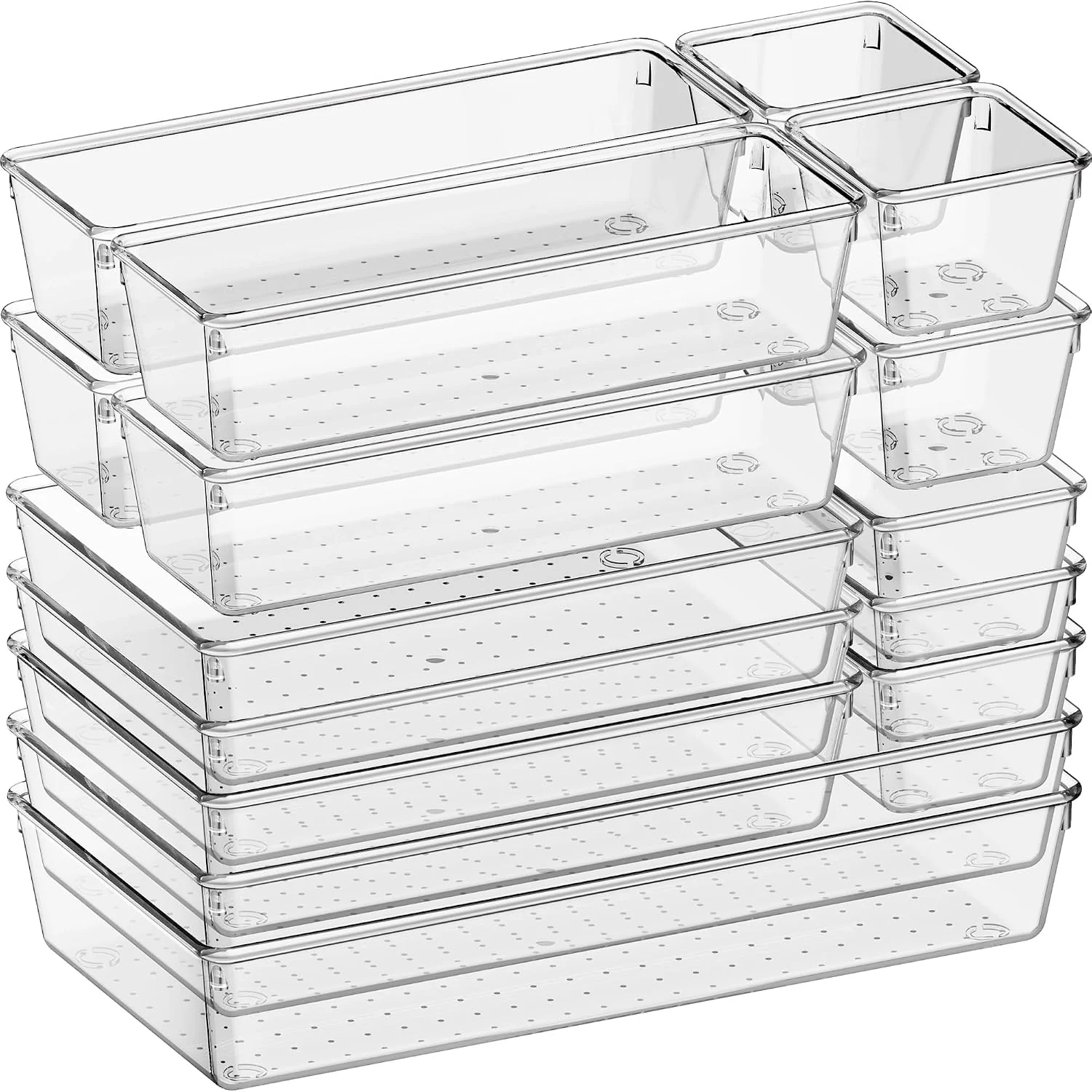 Unique Criusia 16 Pack Large Clear Plastic Drawer Organizer Bins – 5 Size Acrylic Bathroom and Vanity Organizers and Storage Trays for Makeup Office Home Kitchen Drawer Organizer for Utensils Gadgets Functional