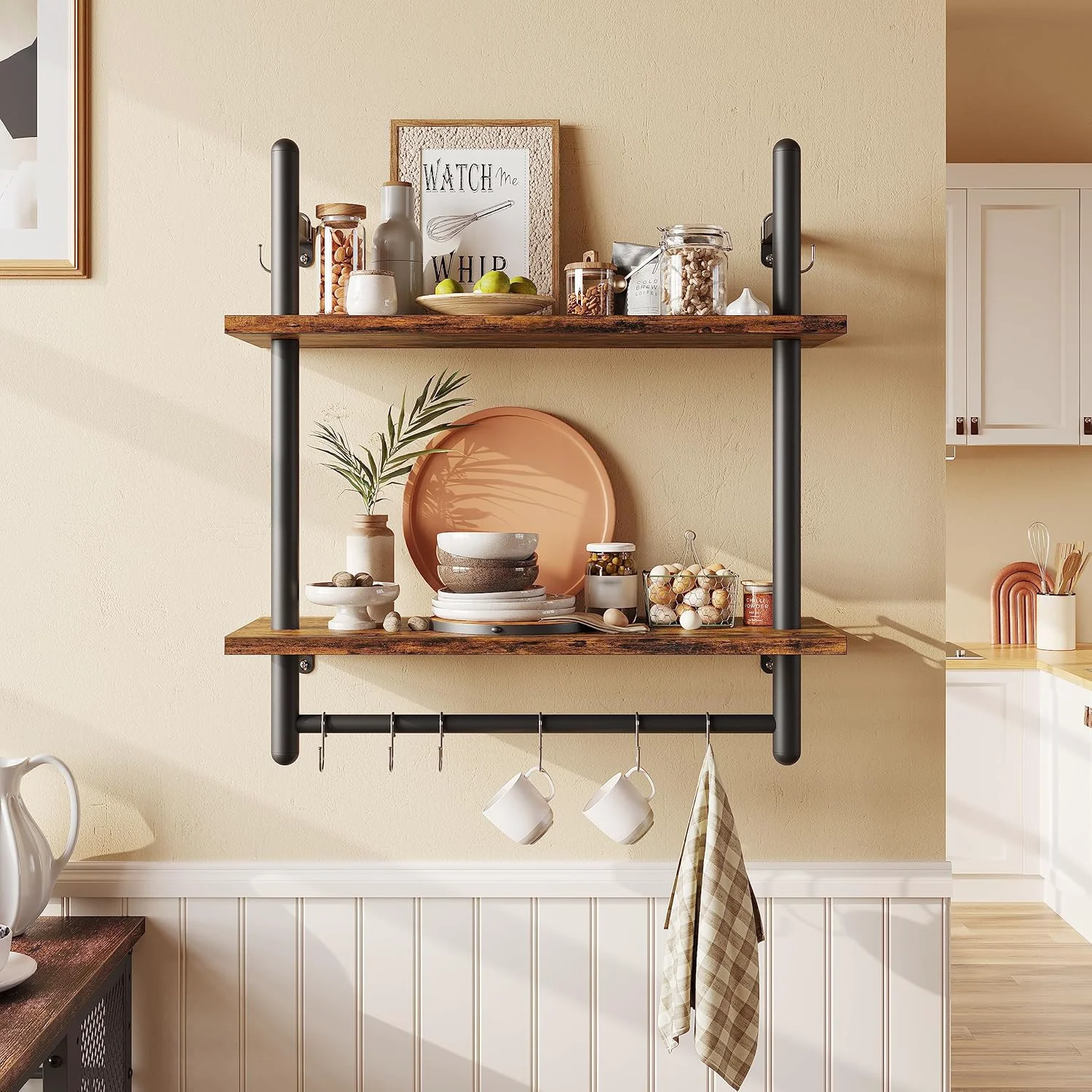 Secure ier 24 Floating Kitchen Shelves Wall Mounted 2 Tier Coffee bar Shelves with 8 Hooks Industrial Wall Shelf for Kitchen Living Room Bedroom Premium