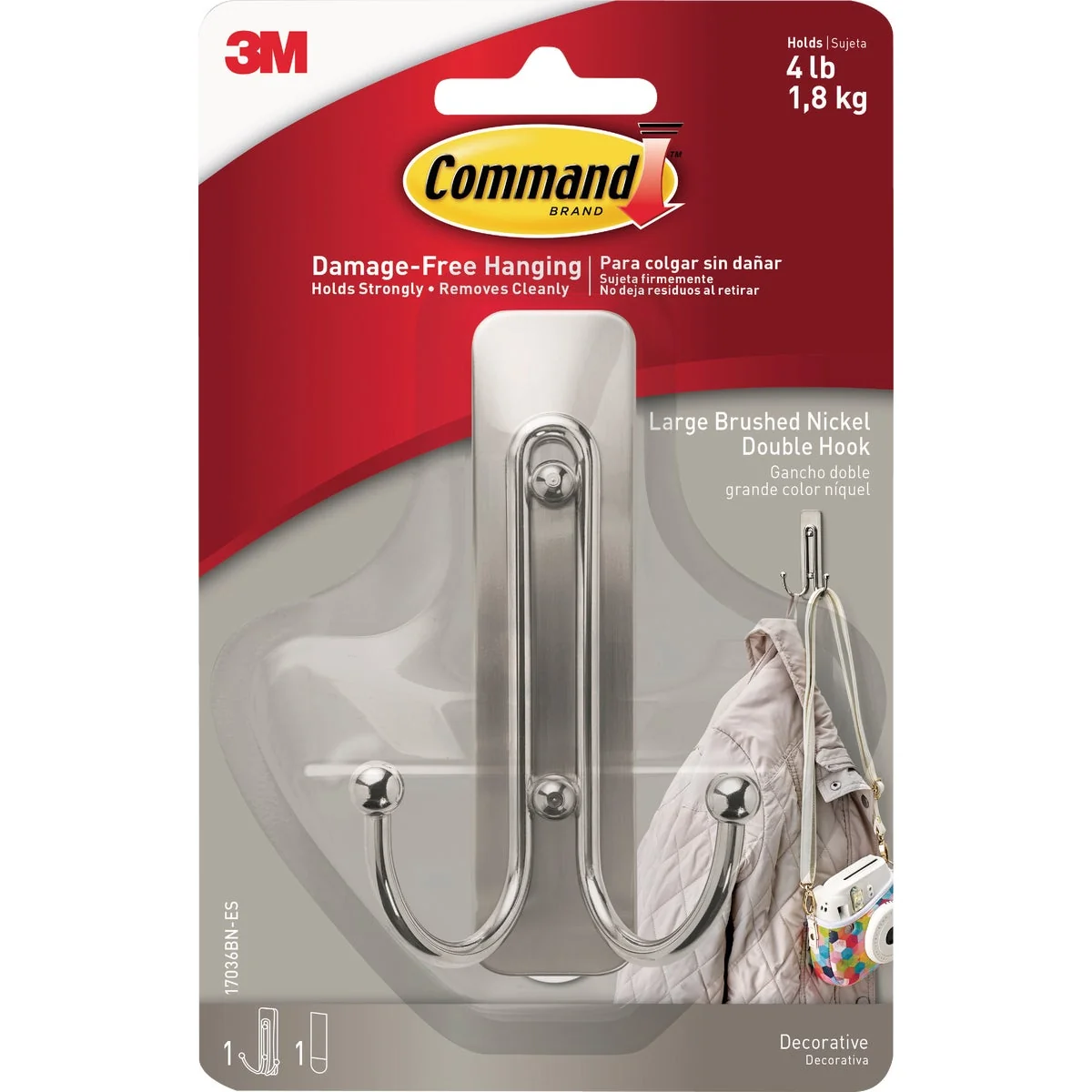 High-Performance 3M Command Large Brushed Nickel Double Hook Reliable