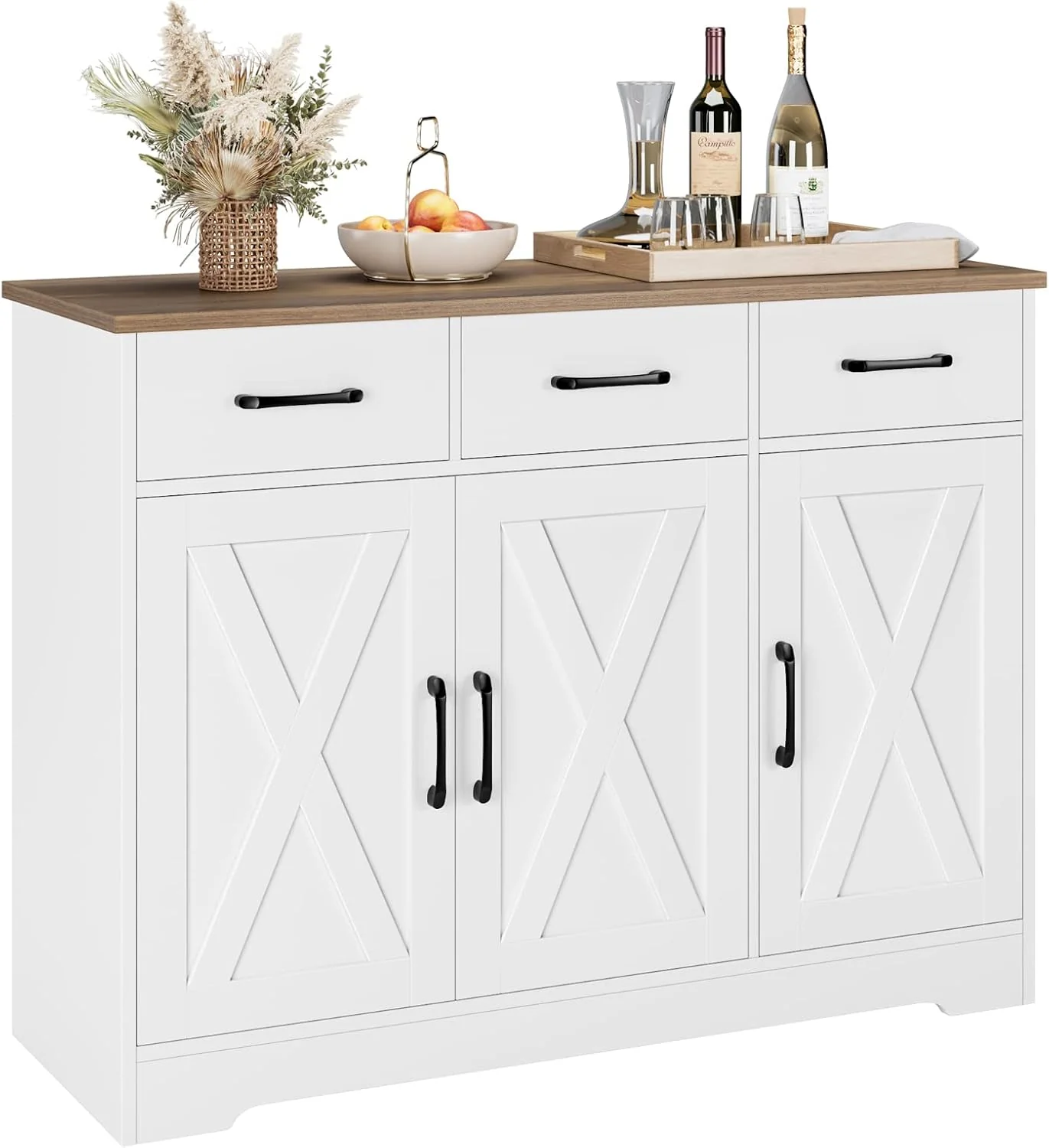 Superior HOSTACK Kitchen Buffet Cabinet with Storage Sideboard Coffee Bar White Farmhouse Kitchen Storage Cabinet with 3 Drawers amp Adjustable Shelf 42.5 W Buffet Table for Dining Living Room Comfortable
