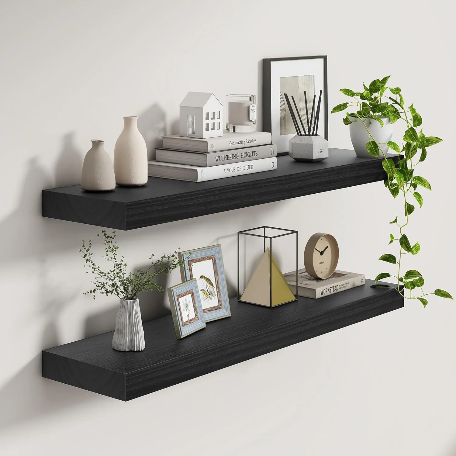 Minimalist 9.3 Inch Deep Floating Shelves Black Solid Wood Floating Shelf Wall Mounted 36 x 9 Large Display Storage Shelves for Books Living Room Bathroom Carefully Designed