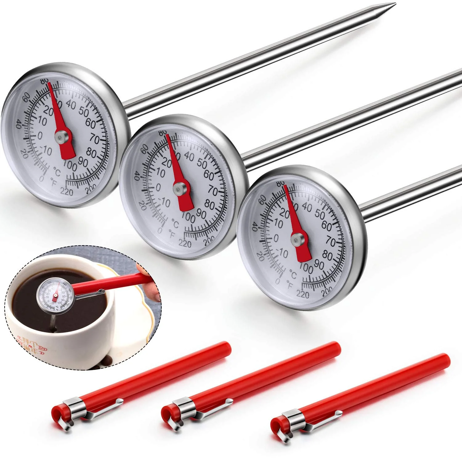 Enhanced Frienda 3 Pcs Instant Read 1 Inch Dial Thermometer Pocket Food Thermometer with 3 Pcs Calibration Sleeves for Coffee Drinks Chocolate Milk Foam Detailed