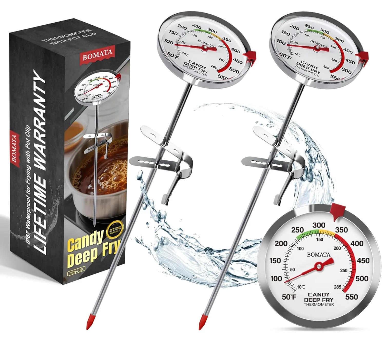 Genuine Bomata 2-Pack Waterproof IP67 Candy Thermometers with Pot Clip Deep Fry Oil Thermometer with Upgraded 2.5in Large Display for Cooking Food Turkey Innovative