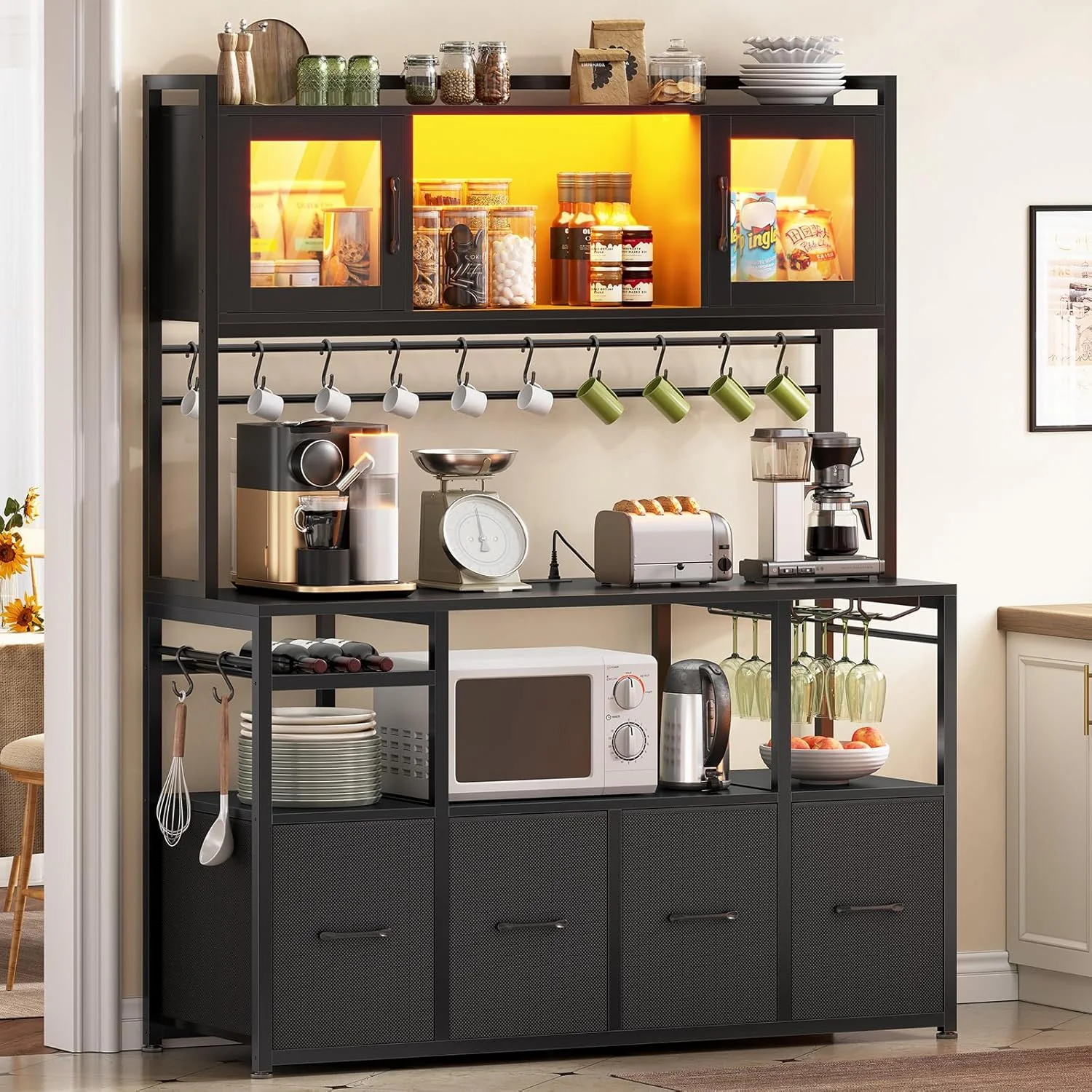 High-Performance Itaar Bakers Rack with Power Outlet and LED Light 47.2” Microwave Stand with Storage Kitchen Coffee Bar Cabinet with Glass Door 4 Drawer Modern