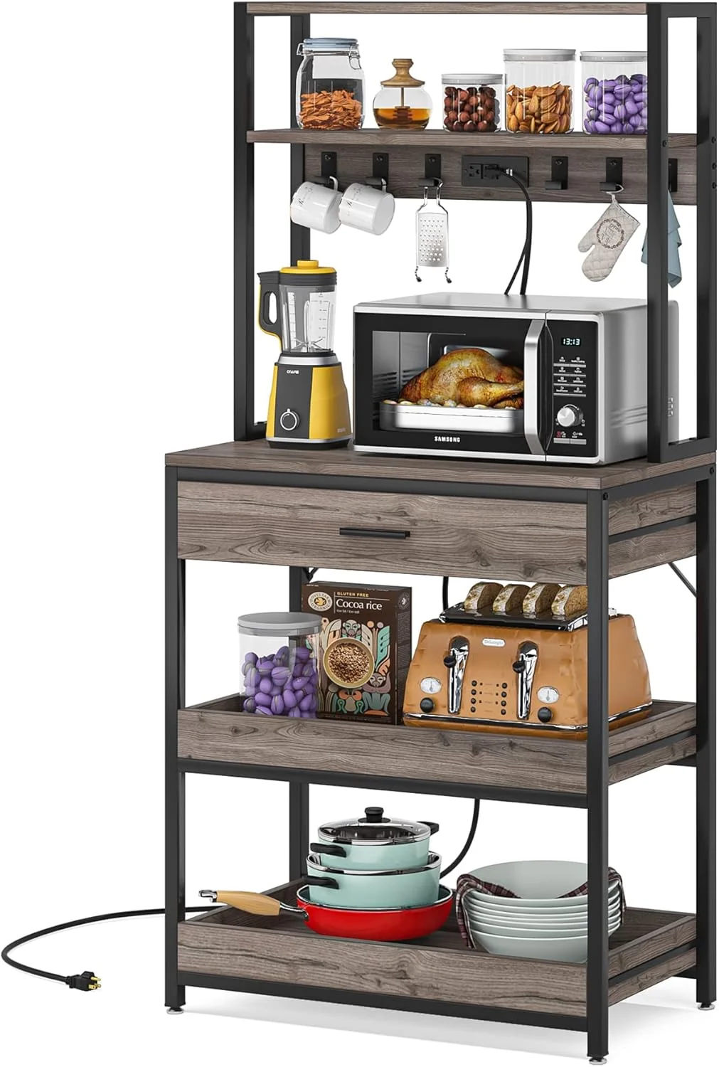 Pure Little Tree Kitchen Baker s Rack with Power Outlets standing 5-Tier Microwave Stand with Drawers Sliding Shelves Versatile