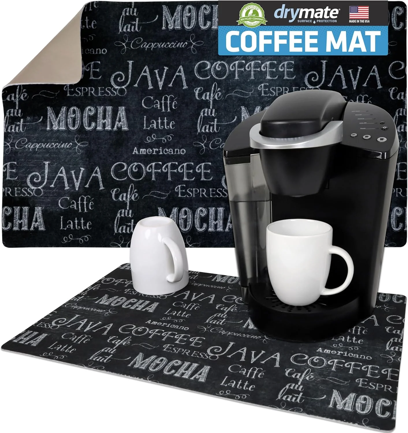 Top-Quality Drymate Coffee Maker Mat Coffee Station Bar Accessory Protects Kitchen Countertops From Spills Stains amp Scratches Absorbent Waterproof Washable USA Made 12 x 20 Java Chalkboard Recyclable