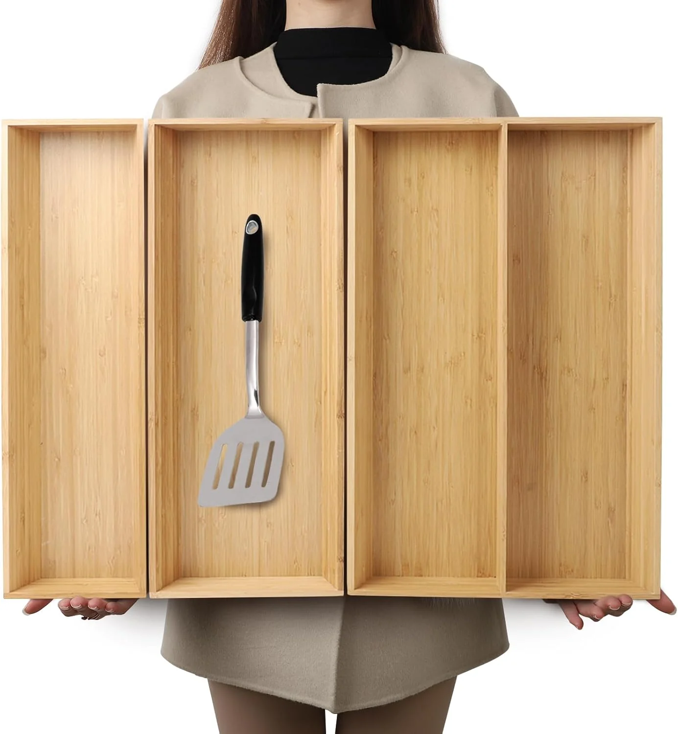 Soft V-Shaped Bamboo Drawer Organizer Set of 3 Kitchen Large and Long Utensil Plate Flatware Silverware Storage Box Wood Drawer Organizer for Bedroom Safe