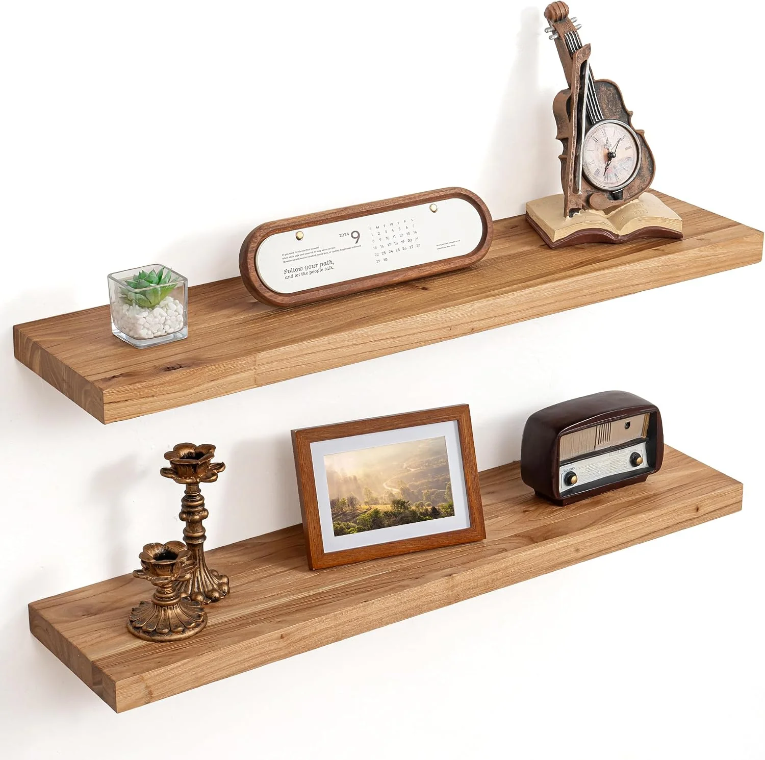 Secure Floating Shelves for Wall Decor 8 Deep Rustic Solid Elm Wood Floating Shelves Wall Mounted Wall Shelves with Invisible Bracket for Living Room Bathroom Bedroom Kitchen 32 Inch Set of 2 Natural Healthy