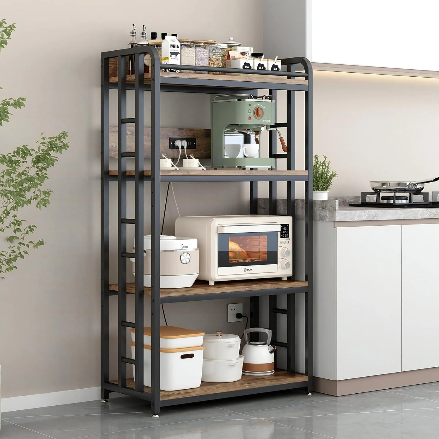 World-Class Adjustable 4-Tier Heavy Duty Kitchen Baker’s Rack with Power Outlet with Industrial Wheels Specialty