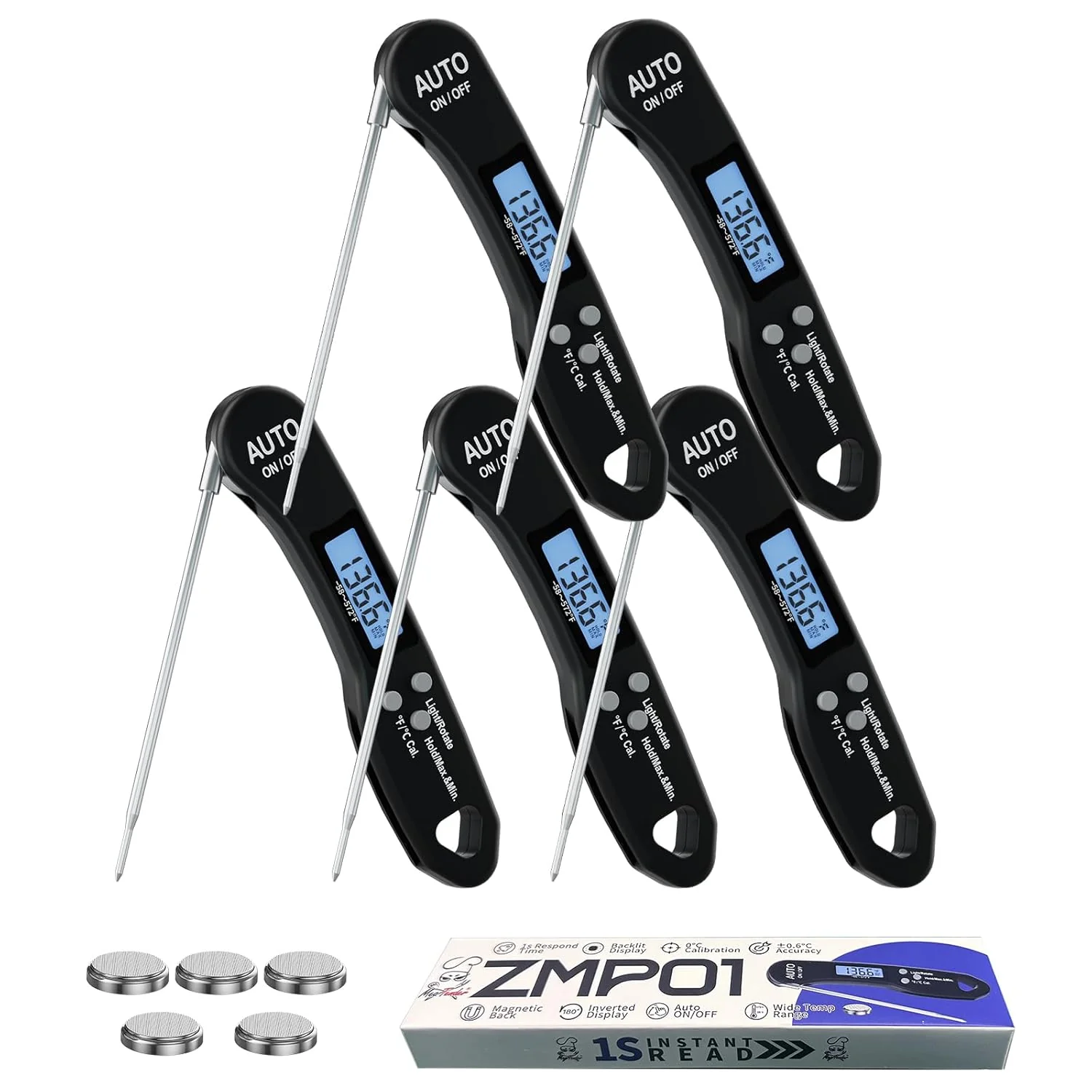 Comfortable 5 PCs Digital Food Thermometer with Fast 1-Second Reading ±1°F Accuracy -58°F to 572°F Range Foldable Probe Magnetic Back Backlit LCD Secure