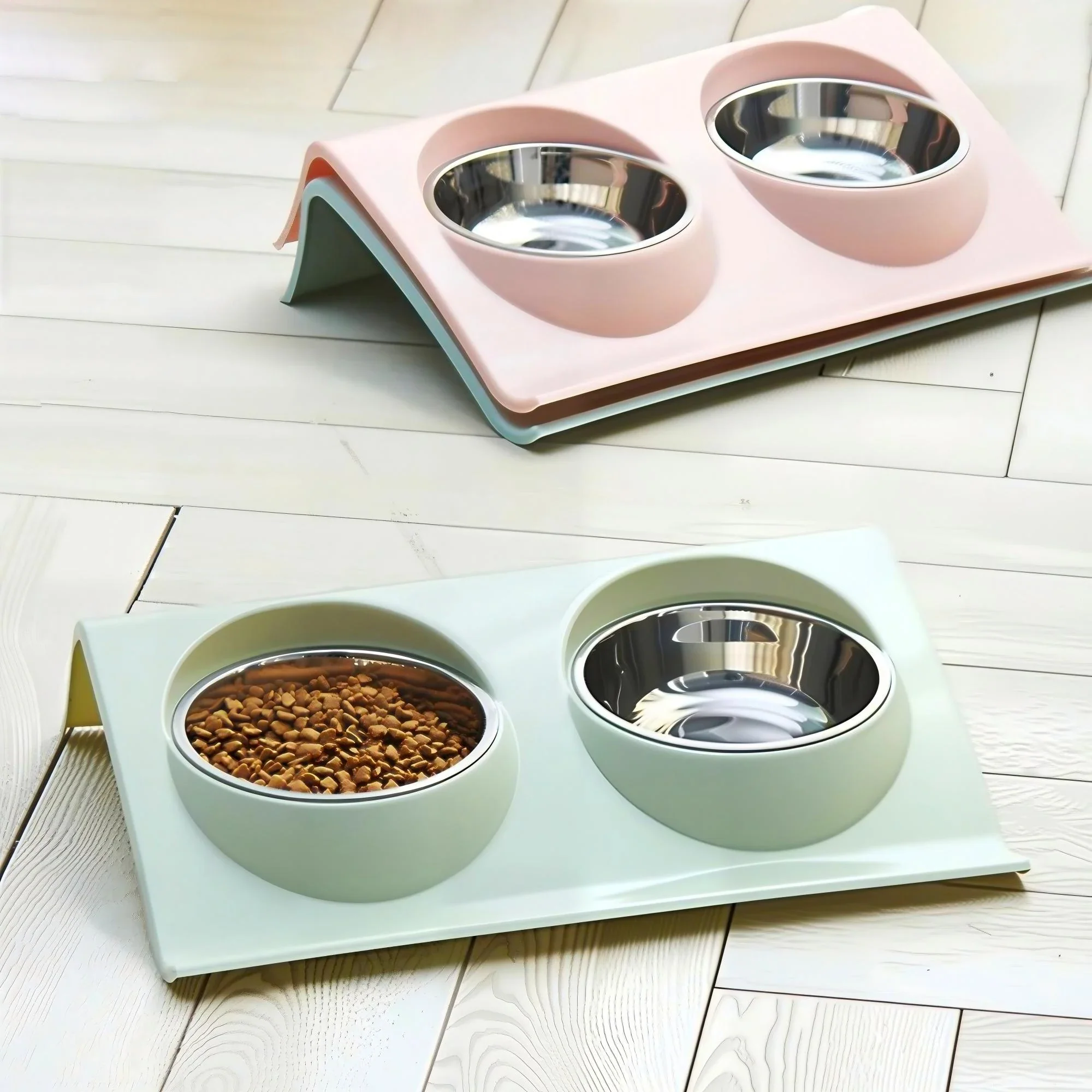 Green Stainless Steel Double Bowl Feeding Station for Dogs Cats Genuine