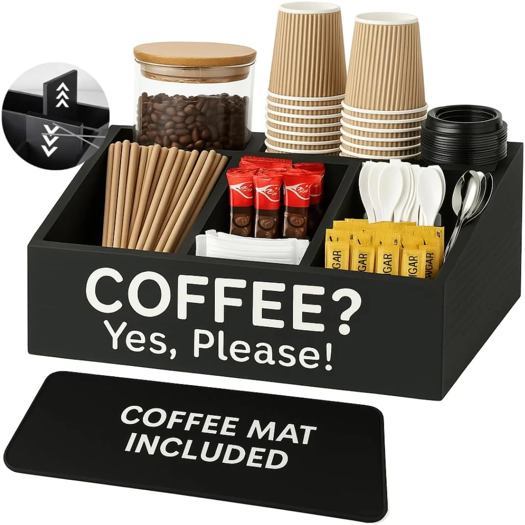 Modern Coffee Bar Organizer for Countertop and Silicone Mat Included – Coffee Organizer Station with Removable Drawers – Tea Station for Countertop – Home Bar Accessories Crafted