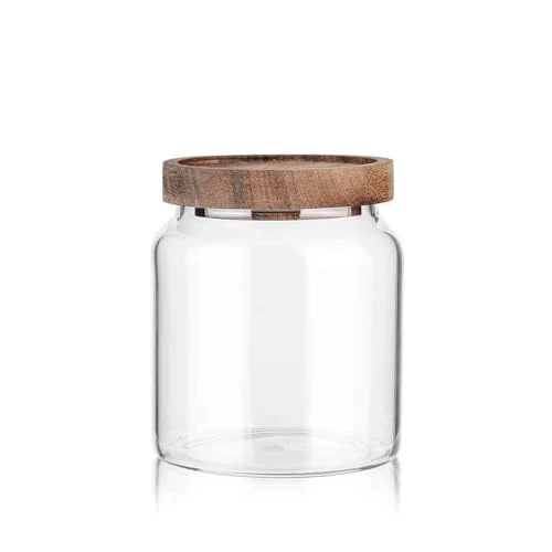 Durable Glass Storage Container Airtight Food Jars Kitchen Canister with Wood Lids Solid