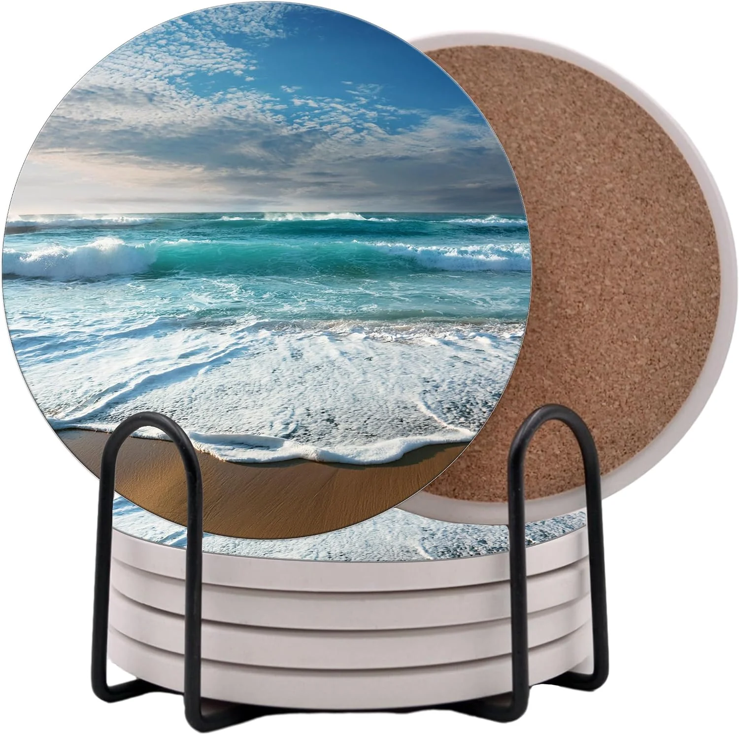 World-Class Ocean Coastal Theme Round Coasters Set of 6 – Abosrbent Ceramic Coasters with Metal Stand for Drinks Beer Coffee Non-Slip Cork Back for Tabletop Protection 4 Inches Beach Prestigious