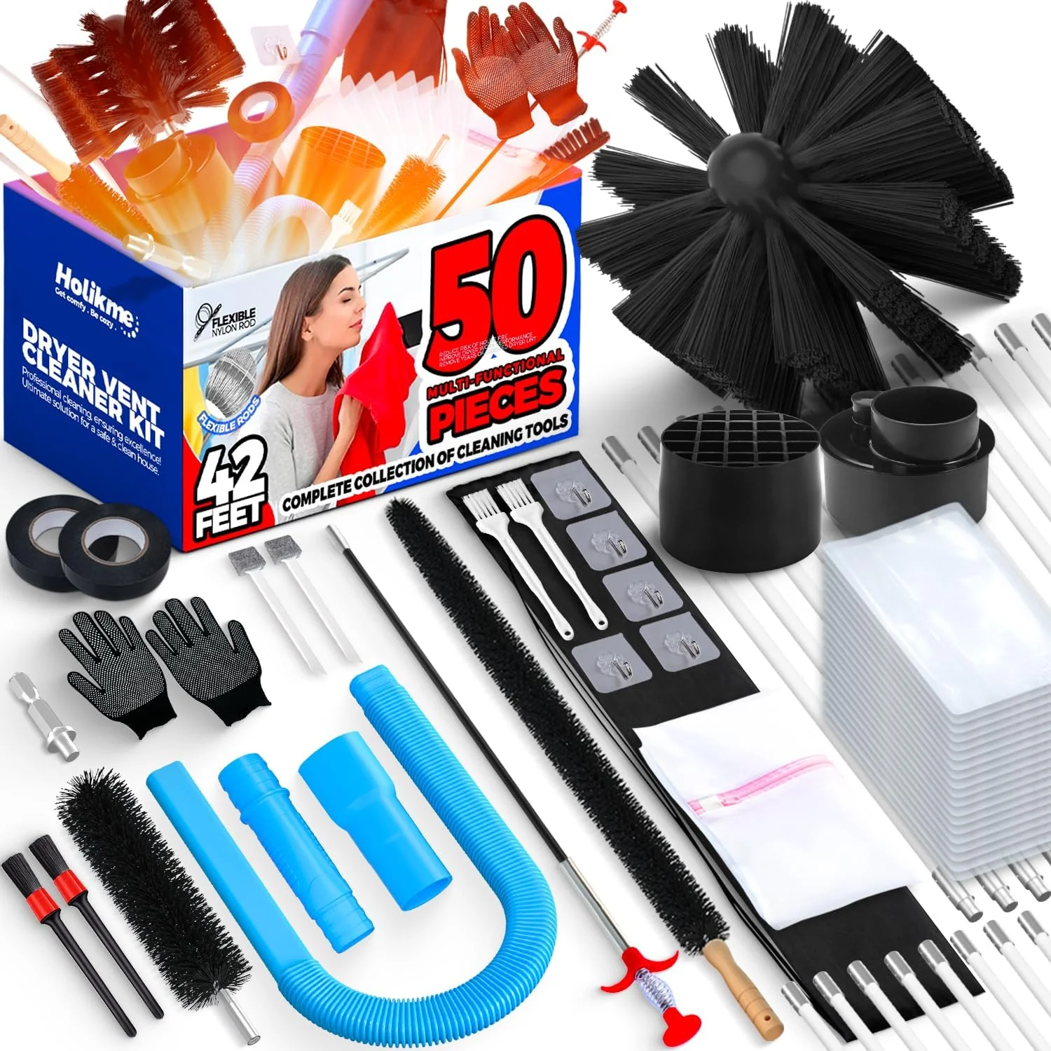 Expertly Made Holikme 42FT Dryer Vent Cleaner Kit 50Pcs – Lint Remover Brush Vacuum Tools