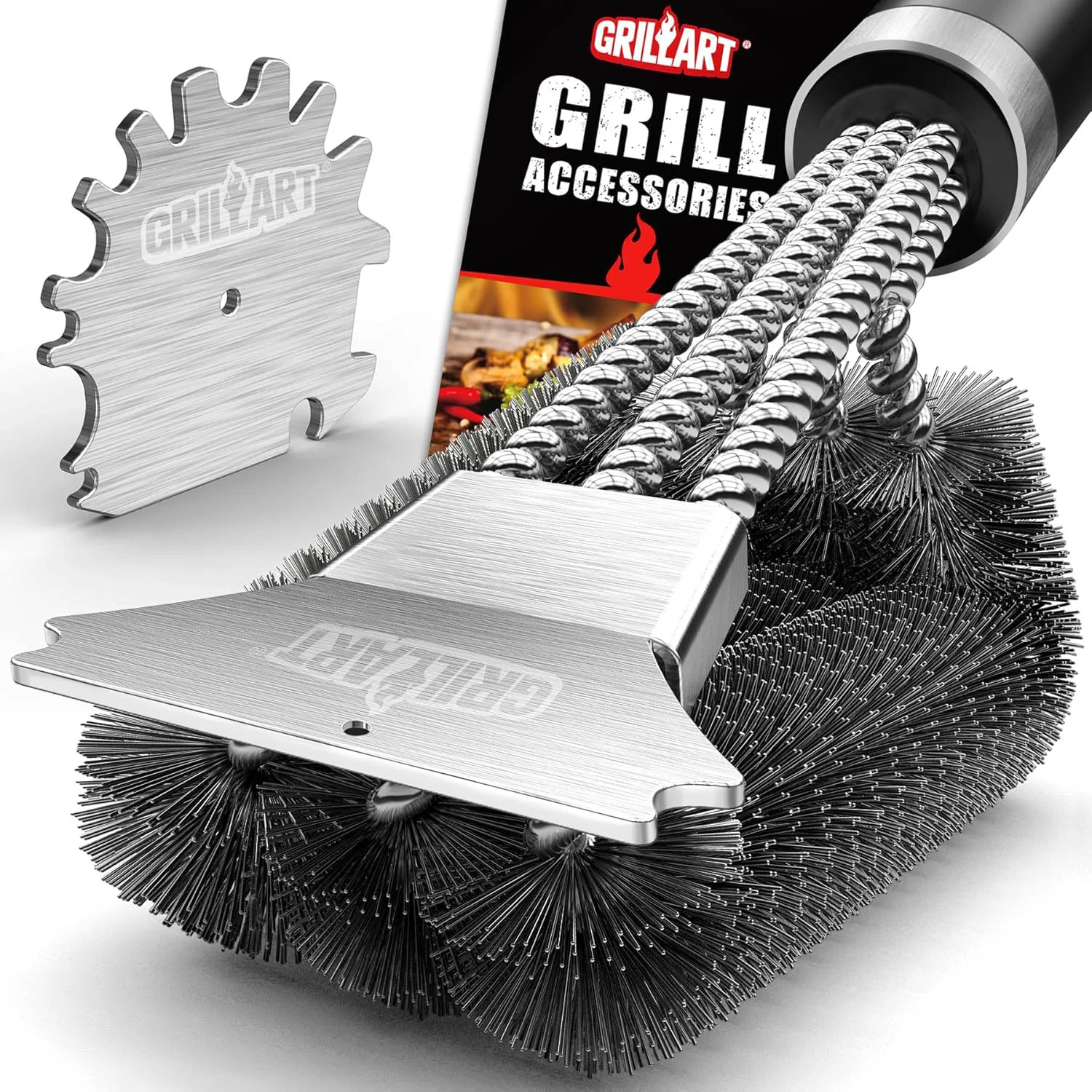 Certified Grillart Grill Brush and Scraper 18 Inch BBQ Grill Cleaning Brush Kit Safe Wire Scrubber Universal Fit BBQ Cleaner Accessories for All Grates Reusable