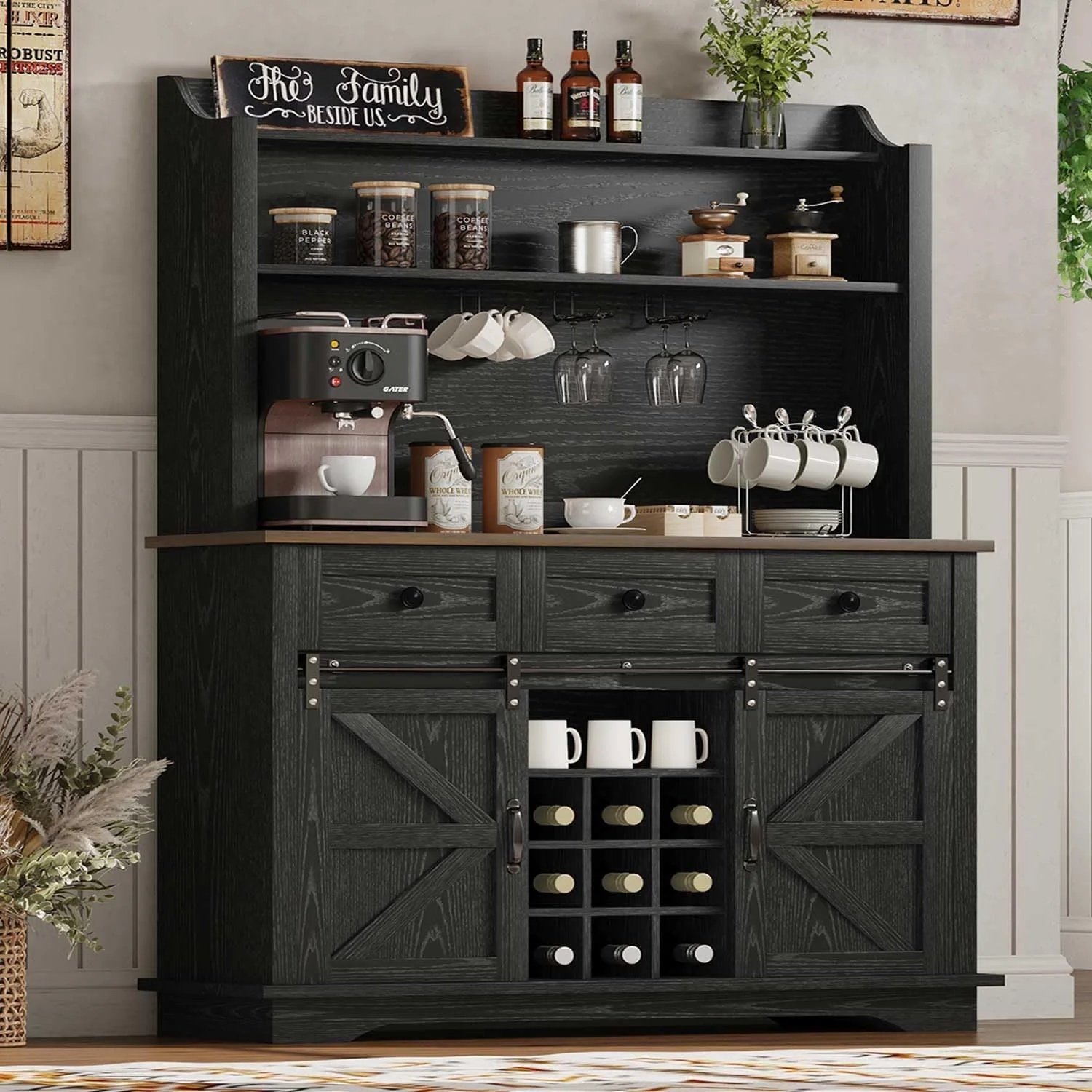 Fast 63 Inch Tall Coffee Bar Cabinet with 3-Tier Storage Kitchen Hutch with 3 Drawers Farmhouse Coffee Bar with 9 Racks 3 Glass Holders Contemporary