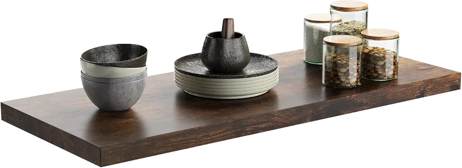High-Grade Wall Shelf Set of 1 Rustic Brown Floating Shelves 24 in W x 10 in D x 1 in H Wooden Floating Wall Shelf with Invisible Brackets for Living Specialty