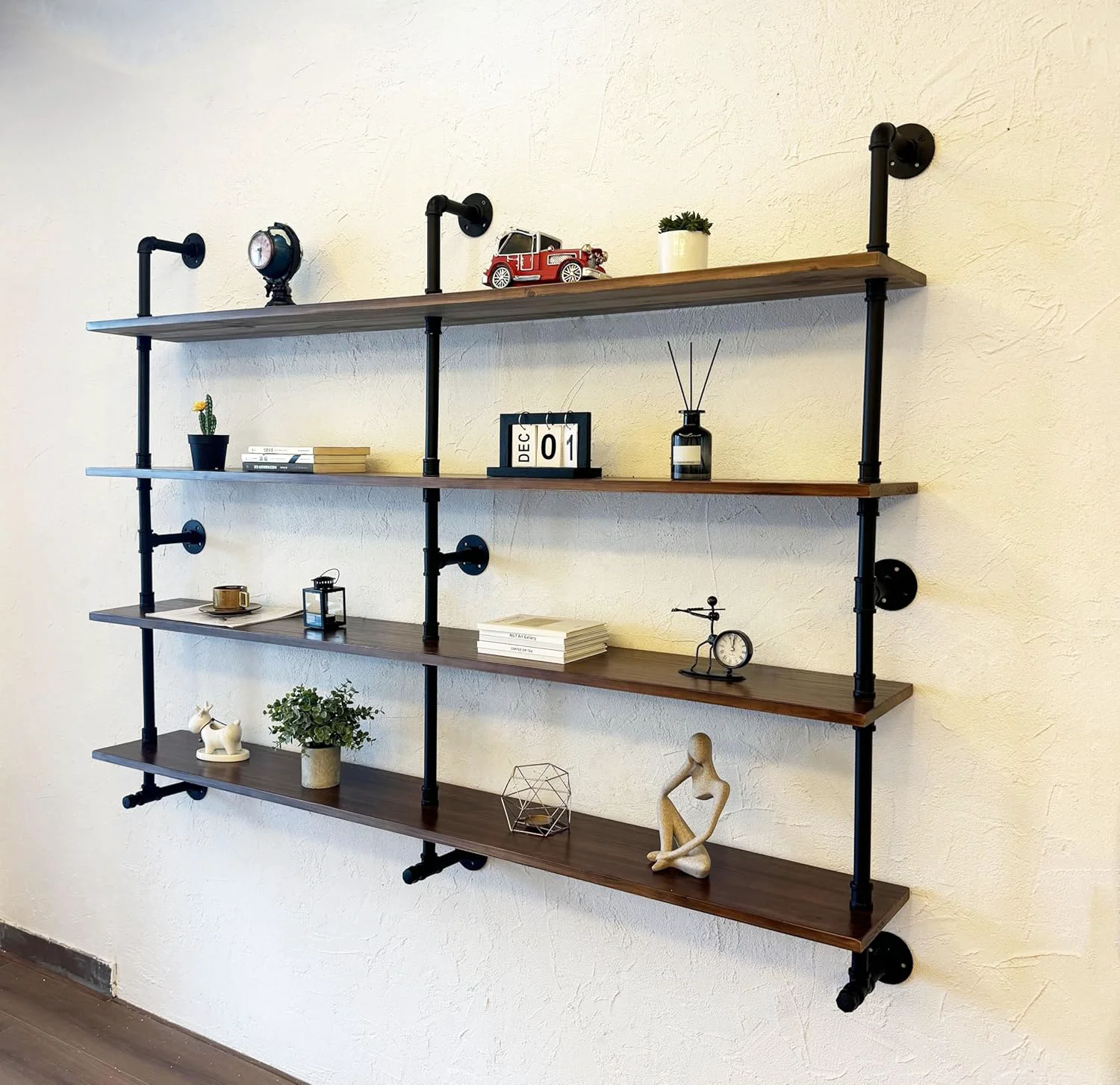 Premium Material Industrial Pipe Wall Shelves With Wood Plank 70 Inches Floating Shelves for Wall 4 Tier Farmhouse Book Shelves Dark Brown for Kitchen Proven