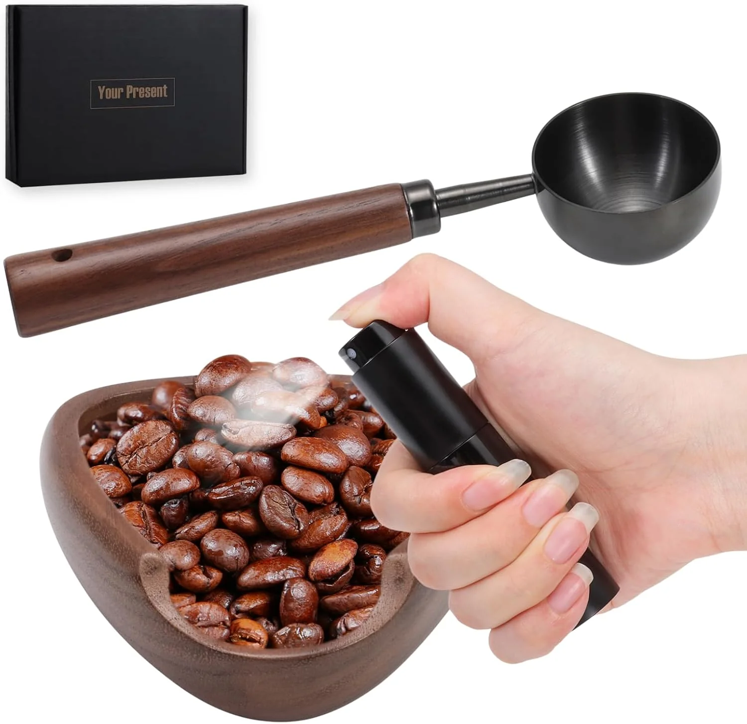 Responsible 3pcs Coffee Bean Dosing Cup Set with Gift Box Dosing Walnut Wood Cups Stainless Steel Spoon Portable Spray Bottle Static Reduction Precise Measuring Eco-Friendly