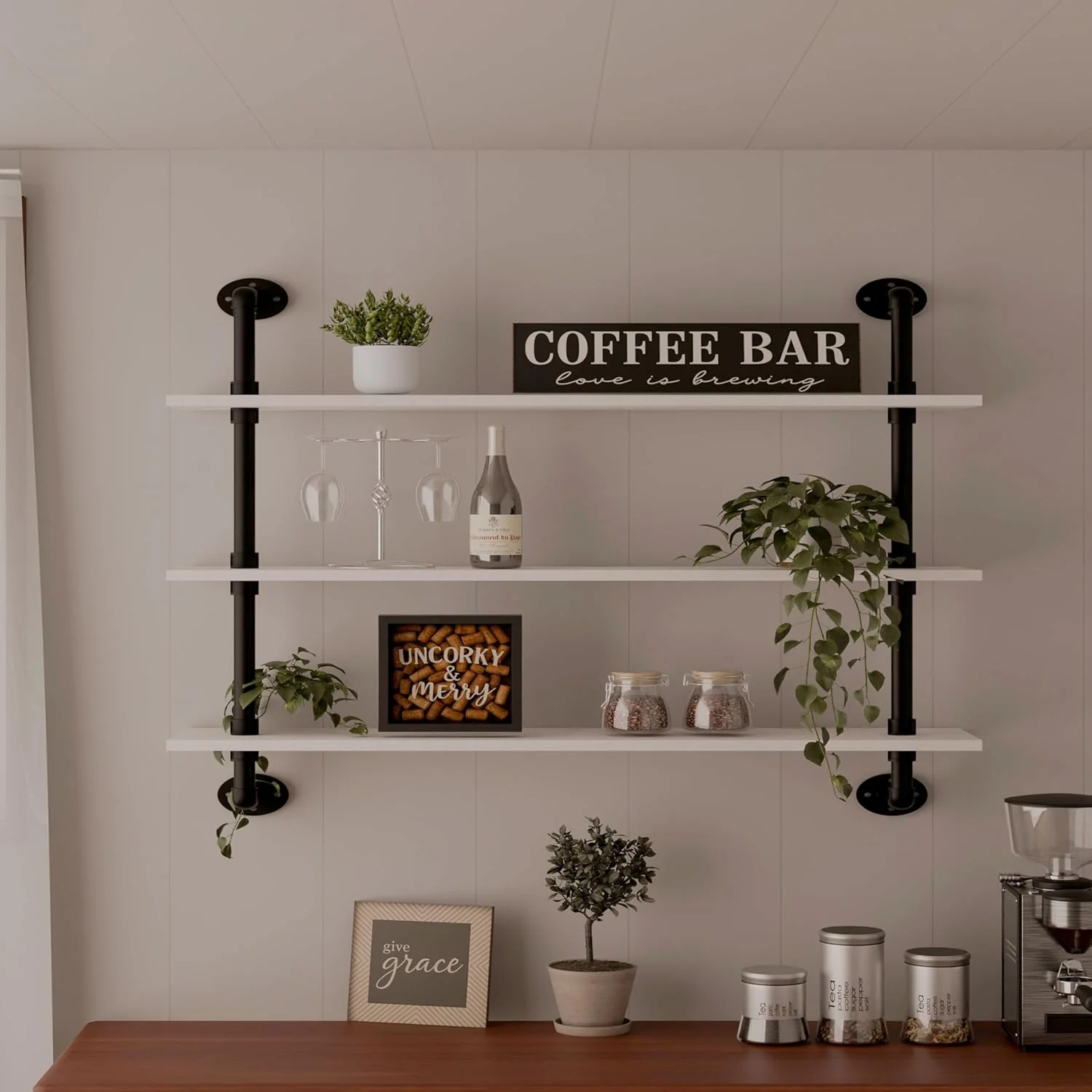 Minimalist Floating Bookshel Industrial Pipe Shelving Pipe Shelves Rustic White Wall Shelves 36 Inch Farmhouse Book Shelves for Kitchen Bar Bathroom Wall Mounted Fine