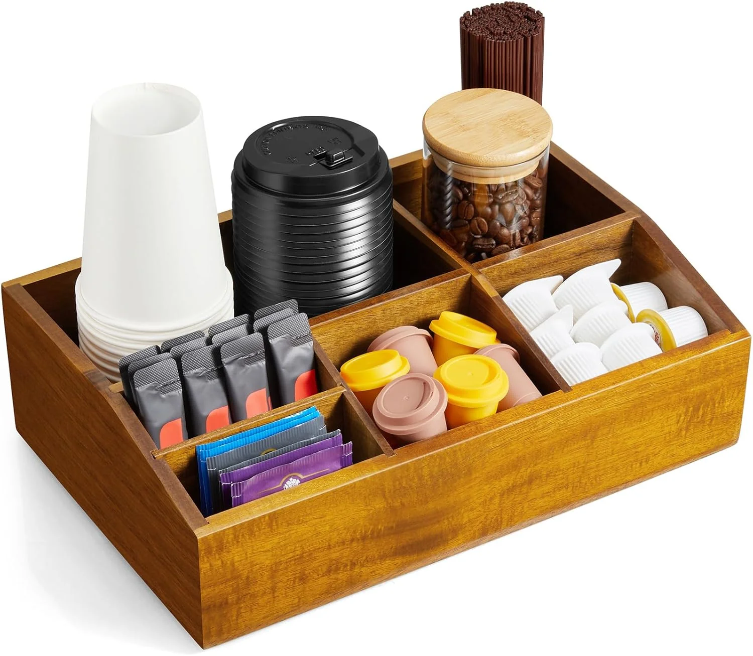 Expertly Made Acacia Wood Coffee Station Organizer for Countertop Coffee Bar Accessories and Organizer Pod Holder Storage Basket for K Cup Sugar Tea Bag Soft