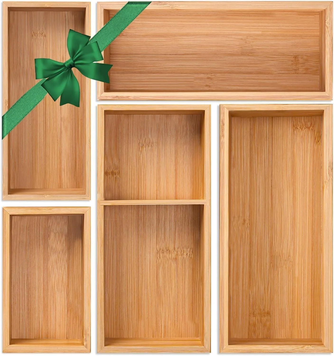 Eco-Friendly Bamboo Drawer Organizer 5 Pcs for Kitchen Multi-purpose Storage Dividers for Kitchen Office Jewelry Cosmetics Classic