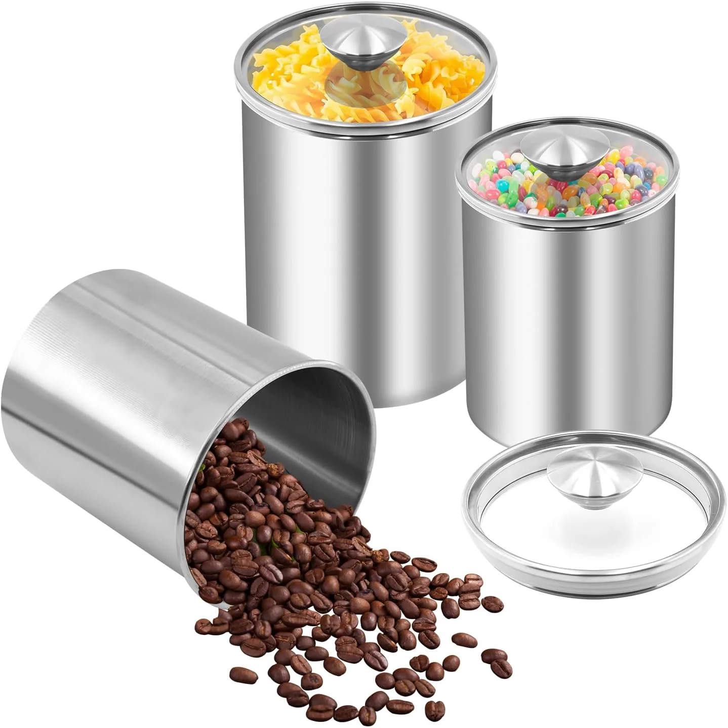 Elegant Enloy Stainless Steel Food Storage Container Set of 3 88 61 29 oz with Clear Glass Lids – I for Coffee Tea Sugar Flour Canisters Lightweight