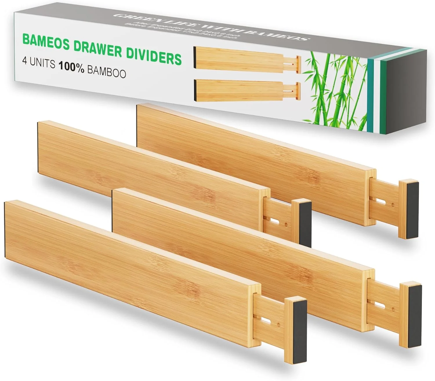Practical BAMEOS Bamboo Expandable Drawer Dividers – Fits 16.6 –22 Drawers 2 High Set of 4 Spring-Loaded Bamboo Separator for Kitchen Island Bathroom Vanity amp Dresser Drawers Premium