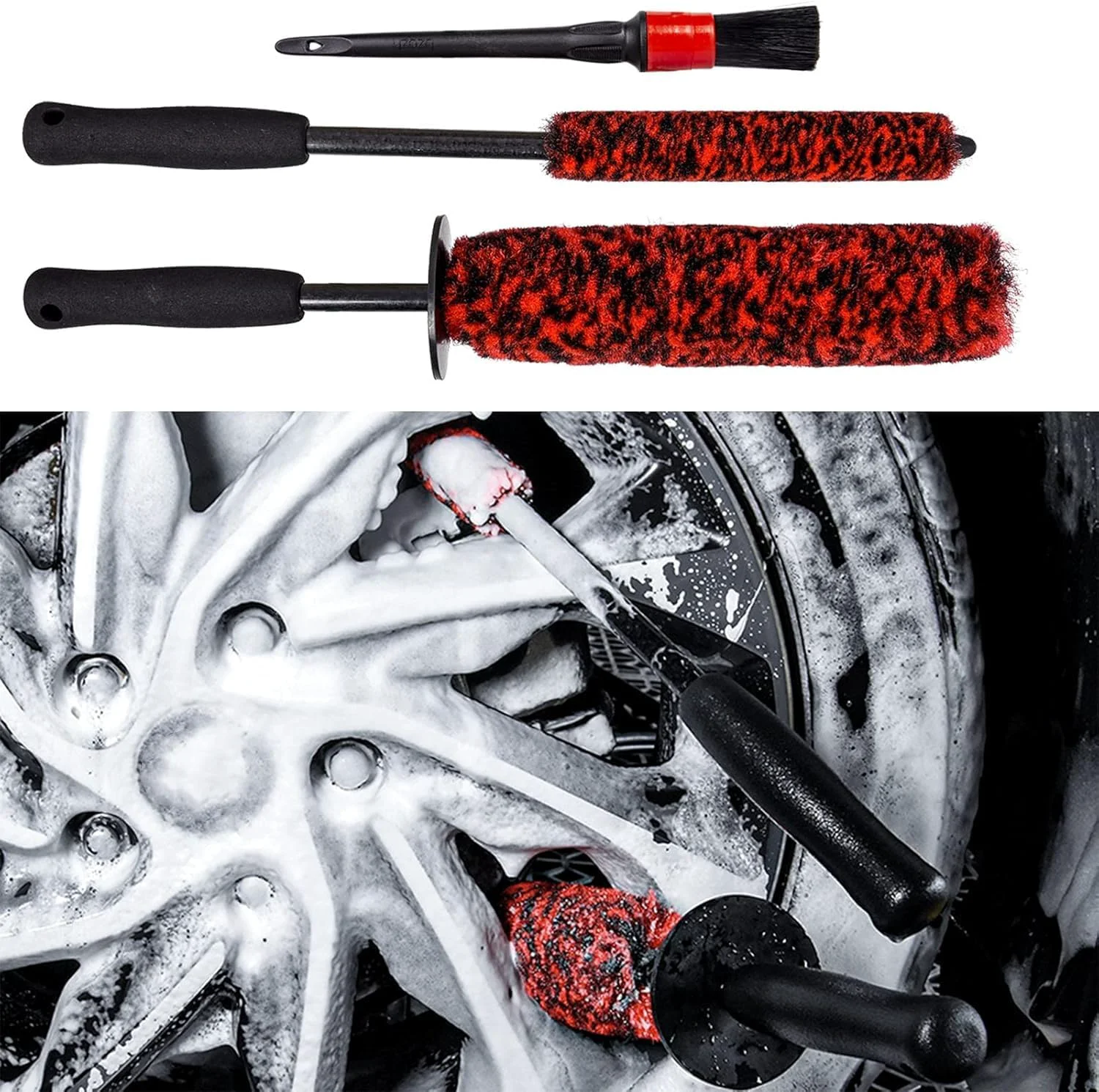 Official 3 Pcs Soft Wheel Brushes for Cleaning Wheels Kit – 1x Synthetic Soft Car Wheel Rim Brush，1x Long Handle Cleaning Brush and 1x Car Detail Brush High-End
