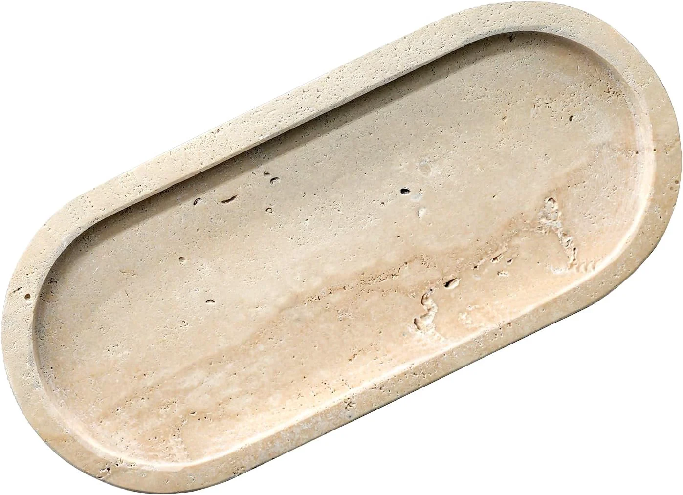 Contemporary Bathroom Vanity Tray Natural Marble Oval Sink Tray 10 Inch Beige Travertine Vanity Tray for Soap Dispenser Modern Countertop Organizer for Kitchen Refined