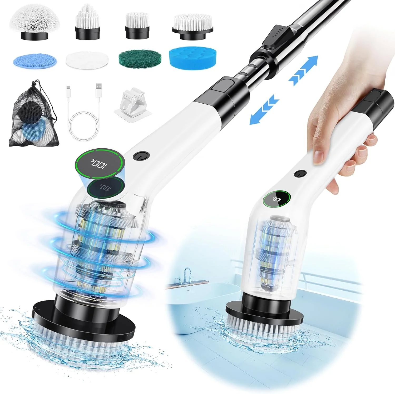 Safe Electric Spin Scrubber Cordless Shower Scrubber with 8 Scrub Brush 2 Speed with Adjustable Extension Handle Battery Level Display Casual