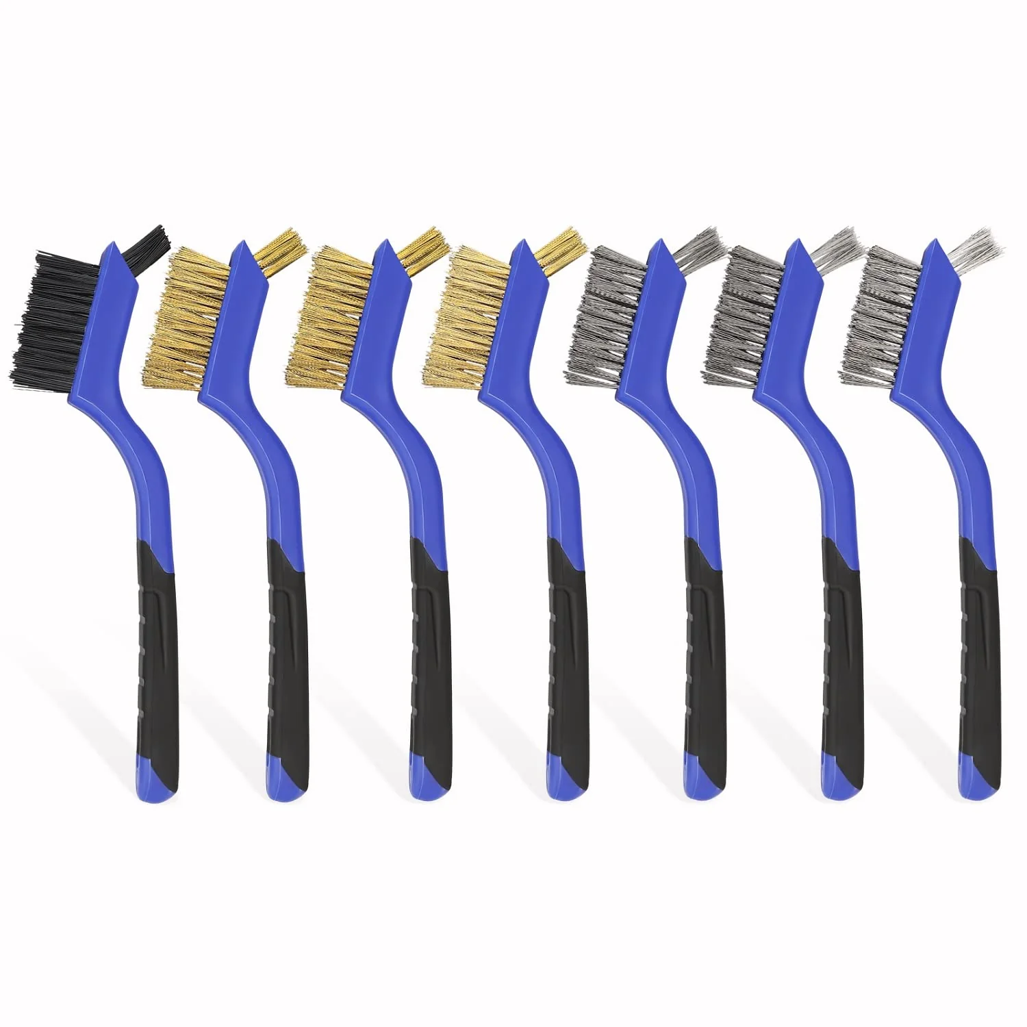 Optimized Wire Brushes Pack of 7. for Cleaning Welding Slag Rust and Dust. 7 Brass Stainless Steel Nylon Brushes with Rigid Handle Practical