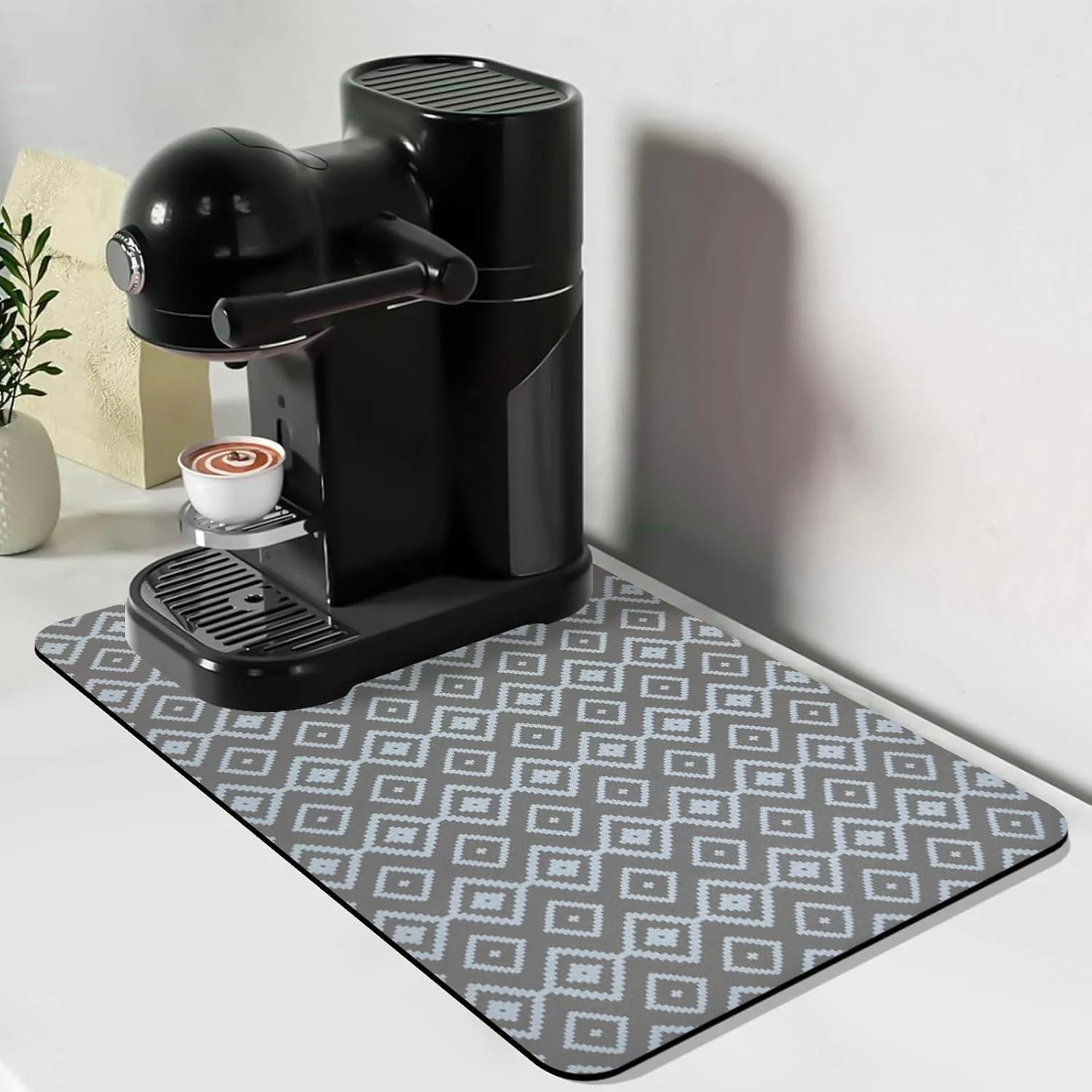 Powerful Bloss Dish Drying Mat 12 x19 Absorbent Coffee Bar Mat with Waterproof Rubber Back Fit Under Coffee Maker Machine Kitchen Counter Gray-White Plaid Detailed