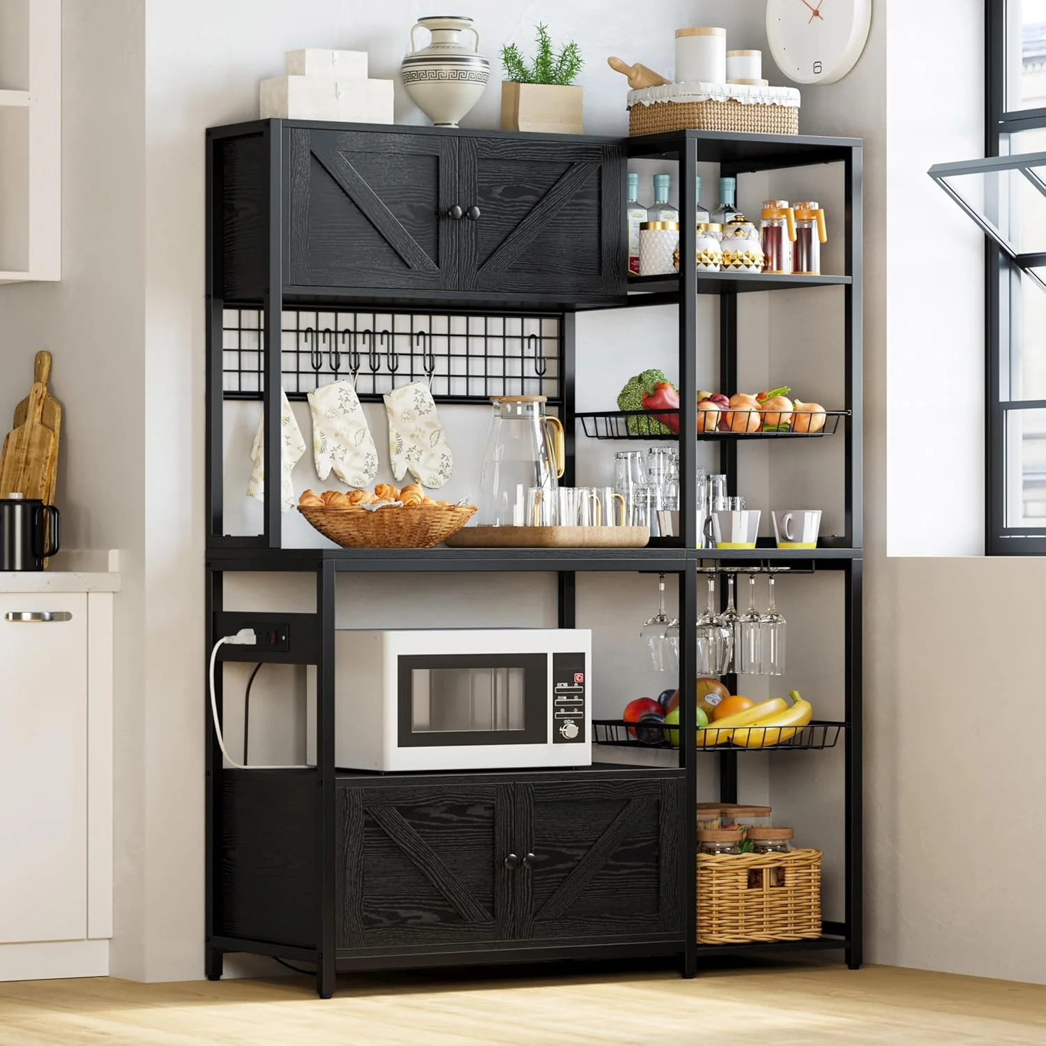 Minimalist Ironck Bakers Rack with 2 Storage Cabinets and Power Outlet 45.3 Inch Industrial Coffee Bar Cabinet Shelves Kitchen Microwave Stand with Storage Premium Material
