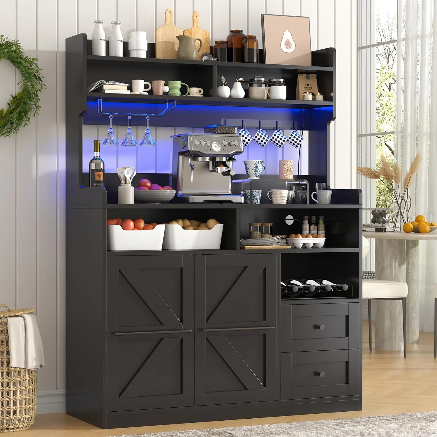 Verified VVFLU Hutch Storage Buffet Cabinet with Drawers and Charging Station Coffee Bar Cabinet with Barn Doors Wine Rack and Hooks Black Wood Sideboard Buffet for Kitchen Dining Room 54.5 High Advanced