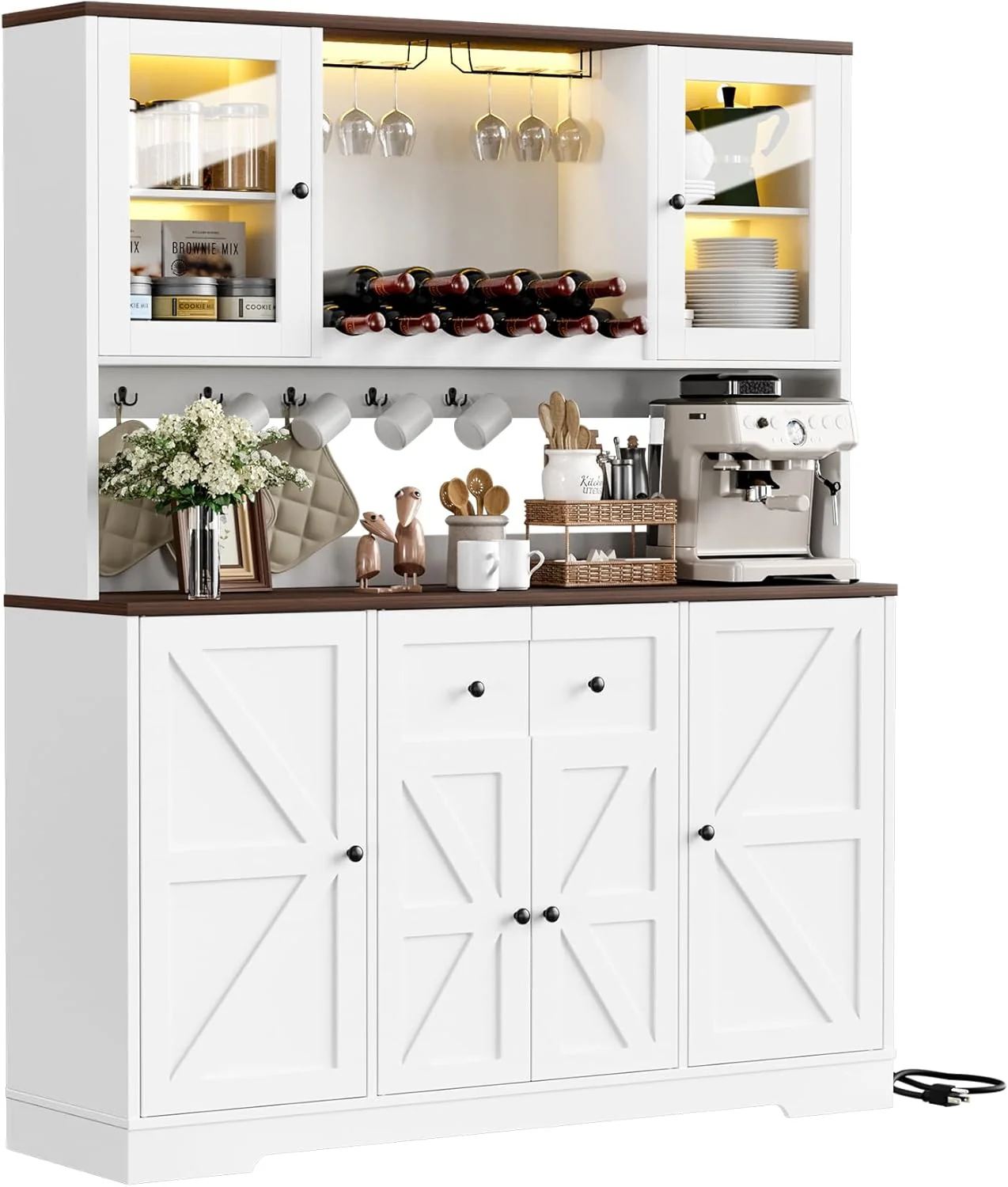Casual 68 Tall Kitchen Pantry Storage Cabinet with Charging Station 55 Wide Kitchen Hutch Cabinet with Large Countertop Contemporary
